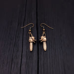 Chainsaw Dangle Earrings Solid Hand Cast Jewelers Bronze Polished Oxidised Finish Three Dimensional - Moon Raven Designs