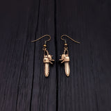 Chainsaw Dangle Earrings Solid Hand Cast Jewelers Bronze Polished Oxidised Finish Three Dimensional - Moon Raven Designs