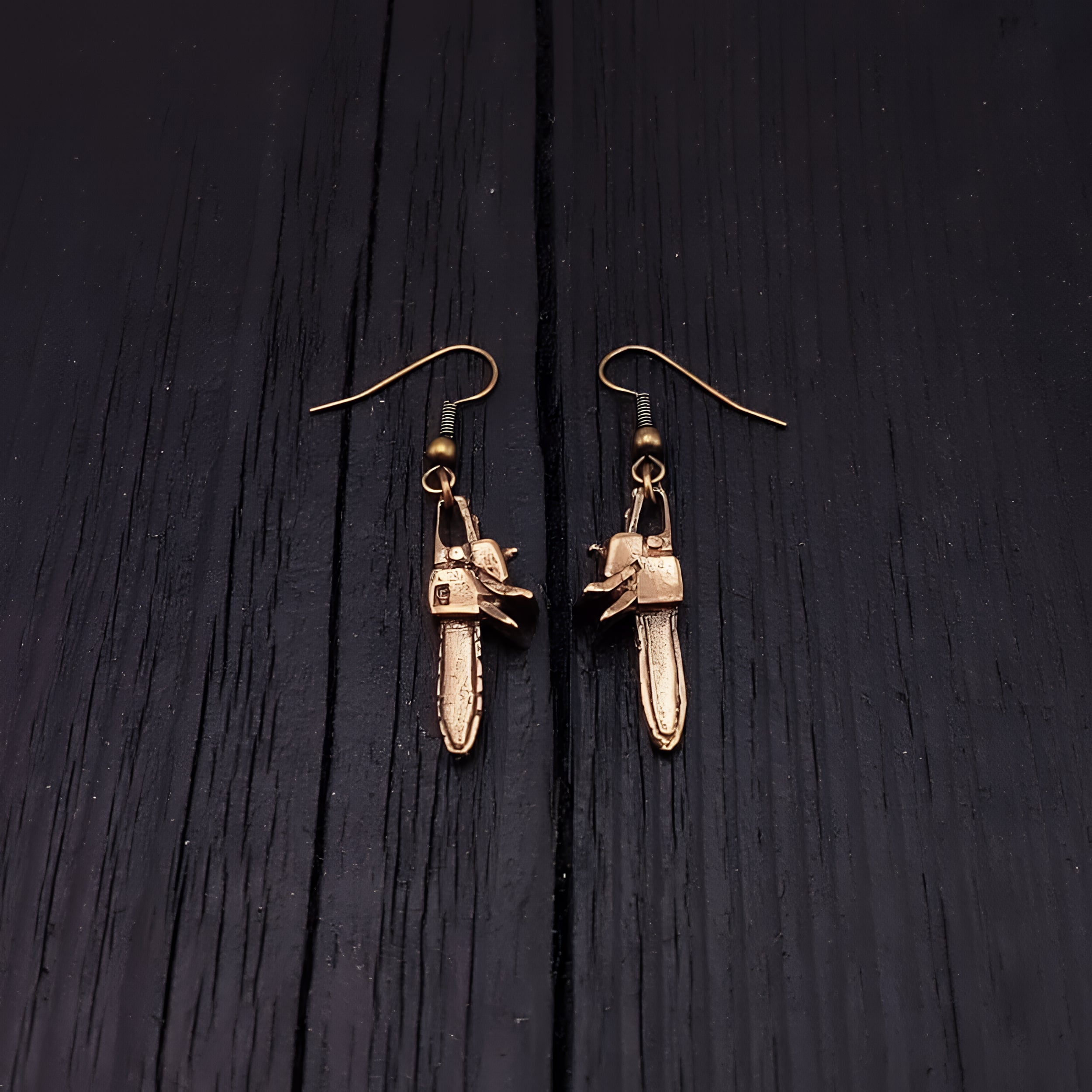 Chainsaw Dangle Earrings Solid Hand Cast Jewelers Bronze Polished Oxidised Finish Three Dimensional - Moon Raven Designs