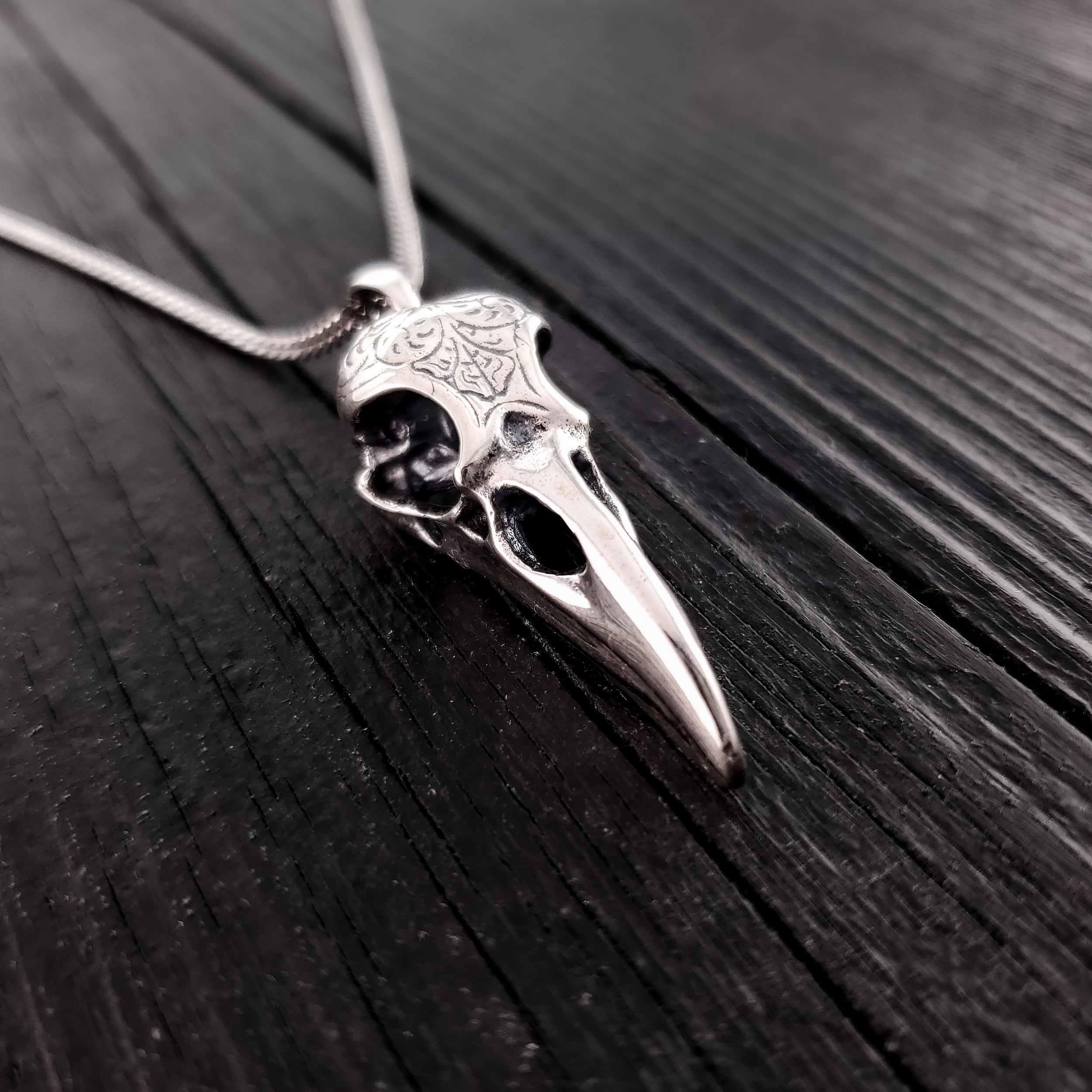 Engraved Raven Skull Pendant Necklace - Solid Hand Cast Stainless Steel - Polished Finish - Multiple Chain Options - Unisex Bird Skull Gift