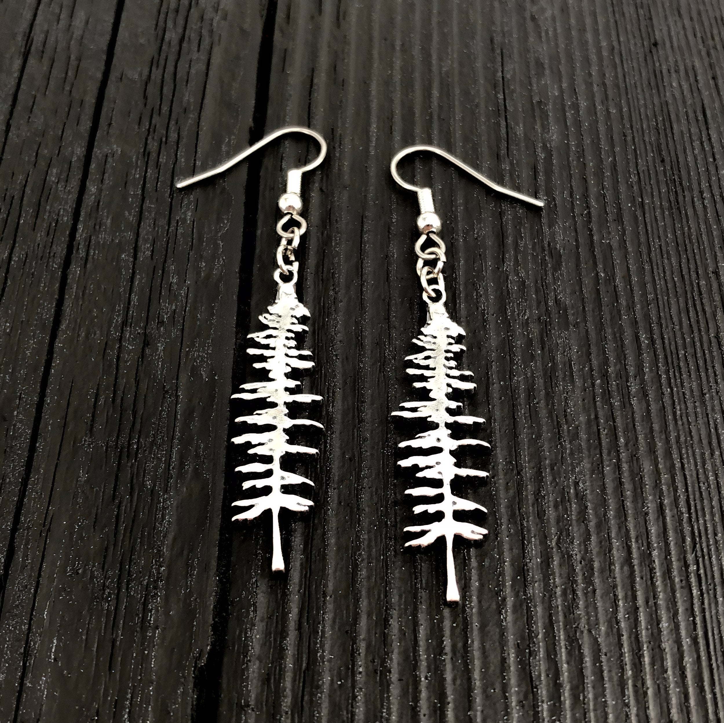 Silver Sitka Spruce Tree Silhouette Earrings  Solid Cast 925 Sterling Silver Polished Finish