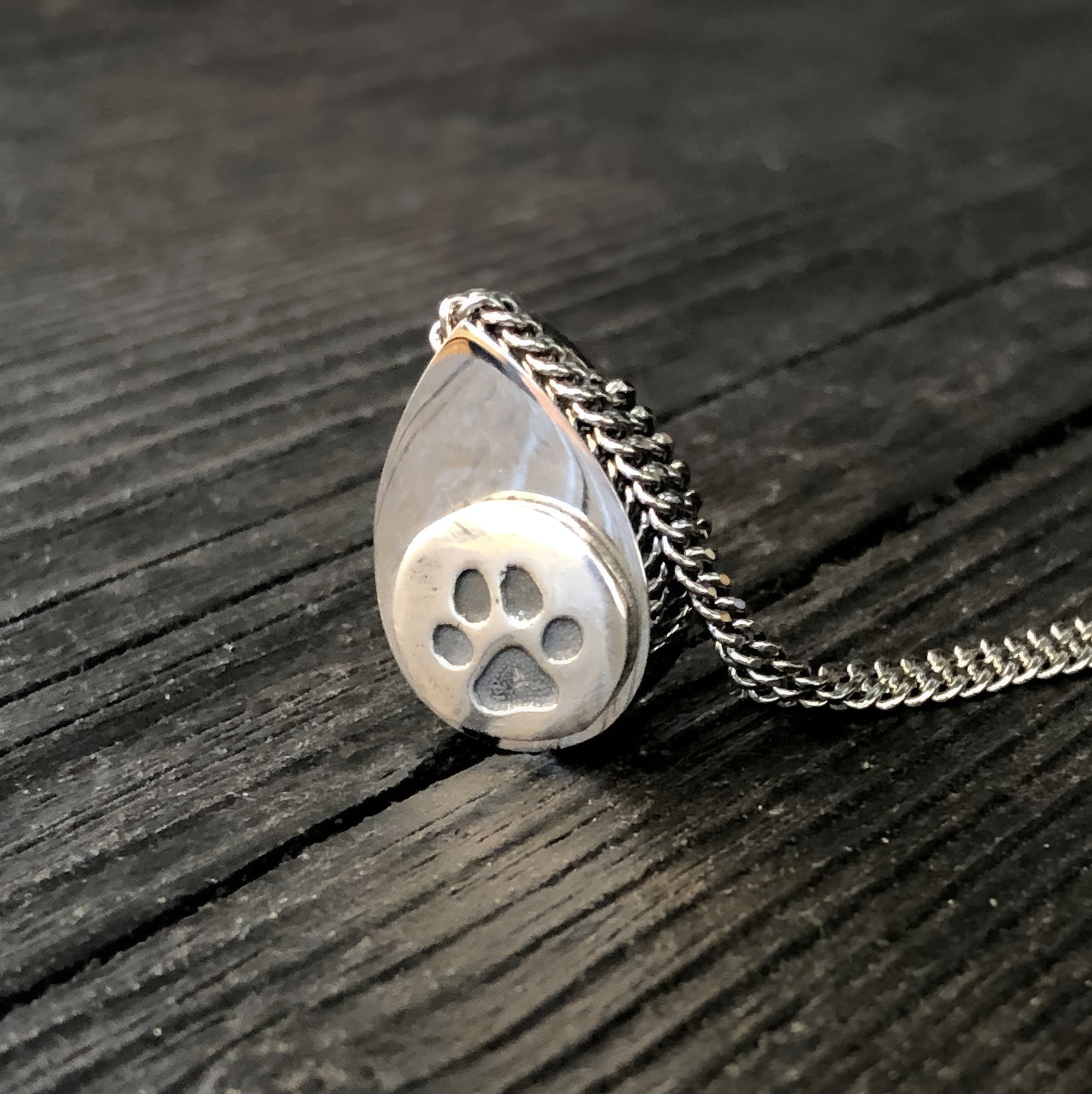 Cat Paw Print Tear Drop Cremation Ash Urn Necklace - Sterling Silver on Stainless Steel - Custom Engraved Personalised Mourning Pet Urn