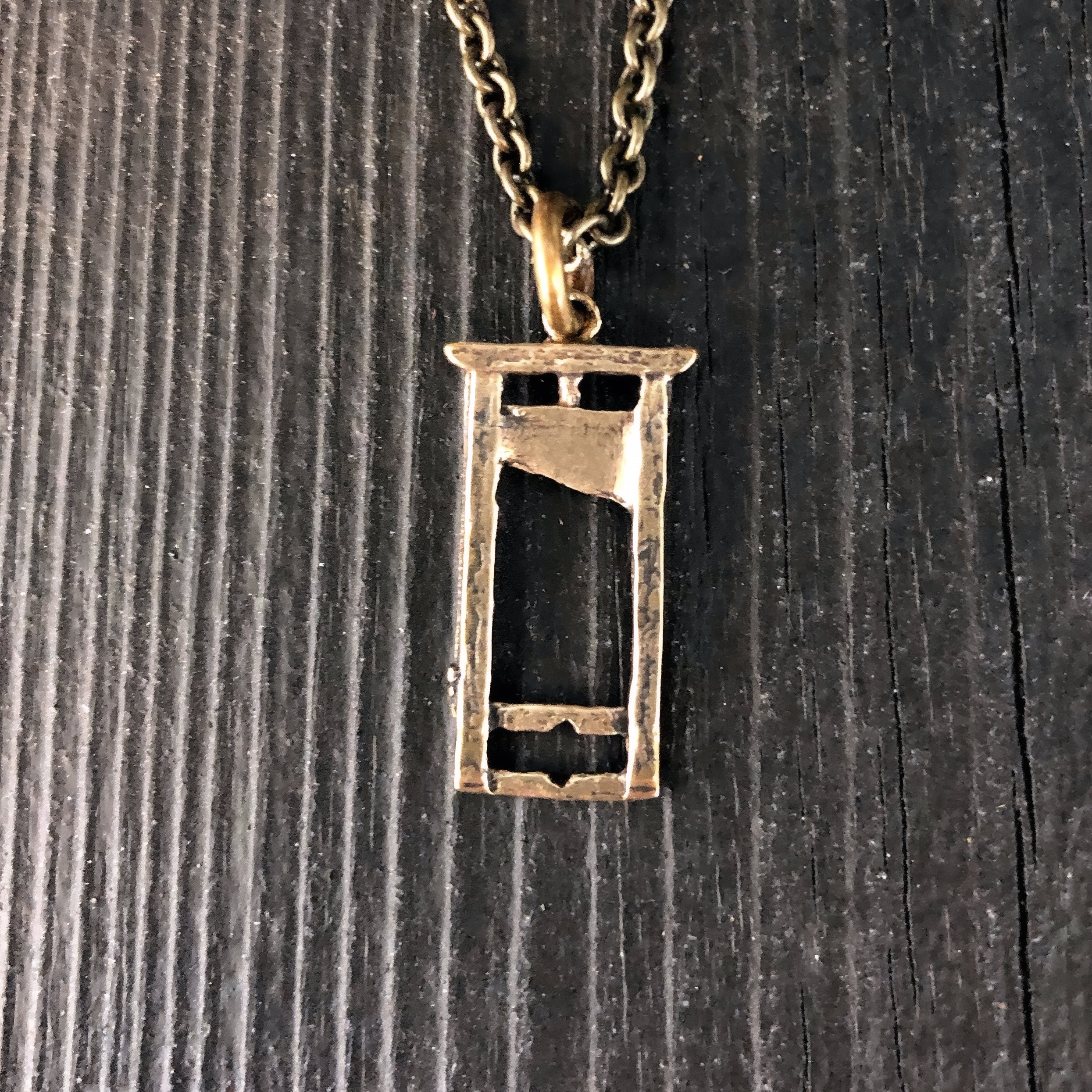 Small Guillotine Charm Pendant Necklace - Solid Hand Cast Bronze - Polished Oxidized Finish - Three Dimensional Detail