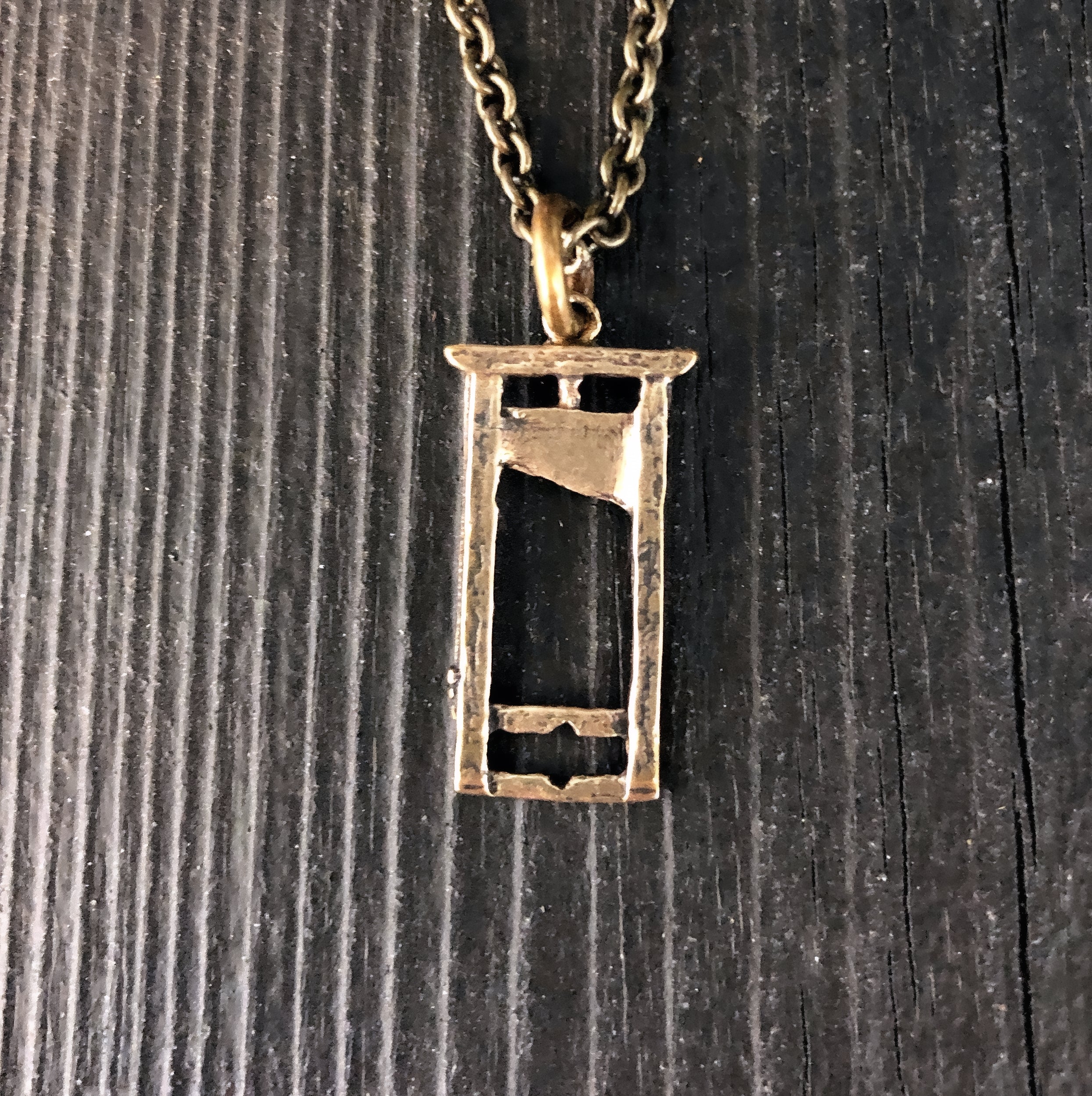 Small Guillotine Charm Pendant Necklace - Solid Hand Cast Bronze - Polished Oxidized Finish - Three Dimensional Detail