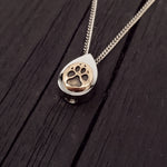 Dog Paw Print Tear Drop Cremation Ash Urn Necklace - Sold Bronze on Stainless Steel - Custom Engraved Personalised Mourning Pet Urn