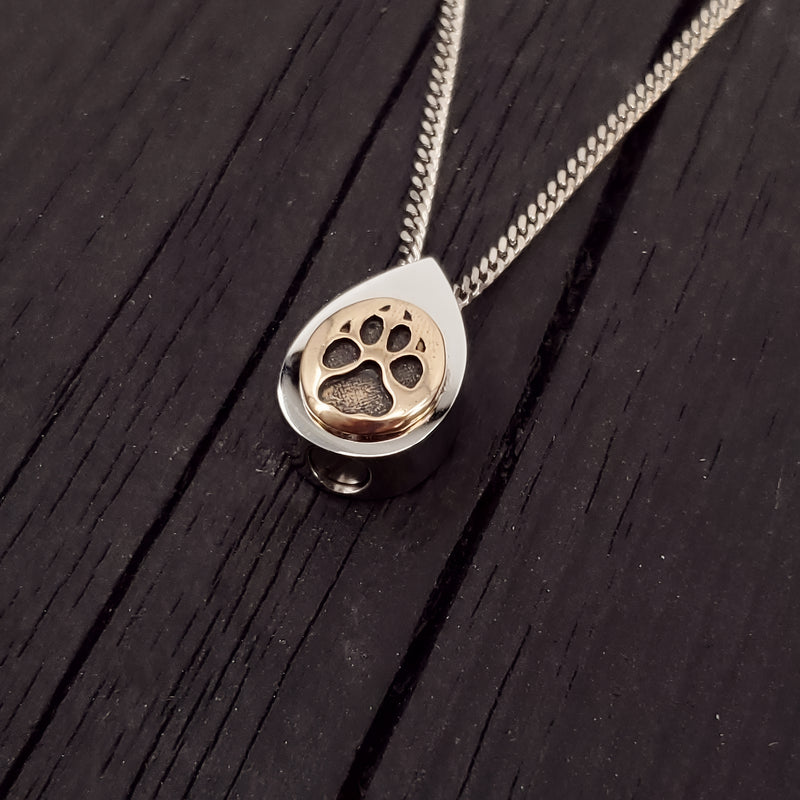 Dog Paw Print Tear Drop Cremation Ash Urn Necklace - Sold Bronze on Stainless Steel - Custom Engraved Personalised Mourning Pet Urn