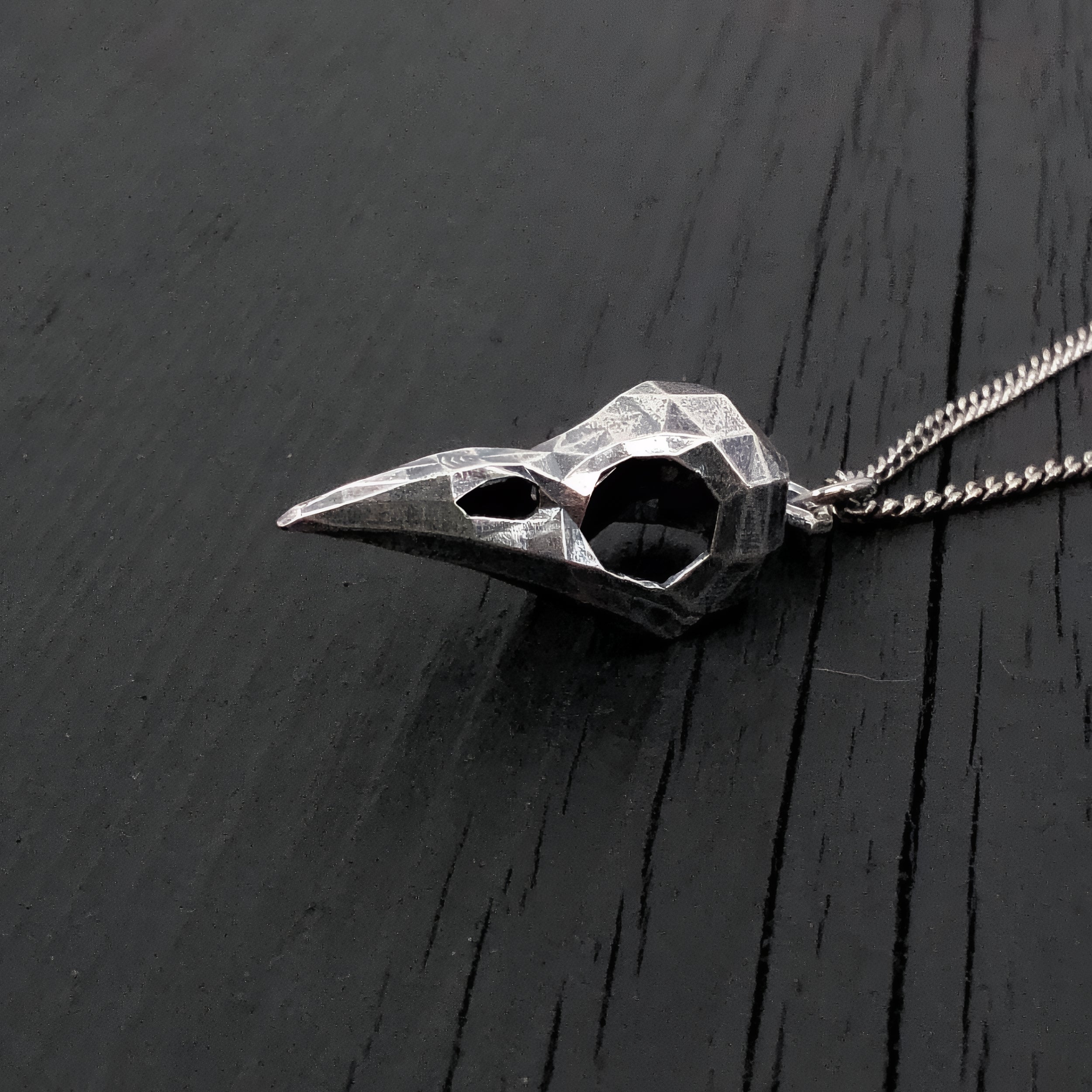 Faceted Raven Skull Necklace - Solid Hand Cast Silver Plated Bronze - Three Dimensional Detail Bird Skull - Multiple Chain Lengths
