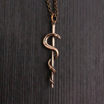 Rod Of Asclepius Pendant Necklace -Solid Hand Cast Bronze - Staff of Aesculapius - Medical First Responder Unisex Jewelry Gift