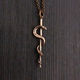 Rod Of Asclepius Pendant Necklace -Solid Hand Cast Bronze - Staff of Aesculapius - Medical First Responder Unisex Jewelry Gift
