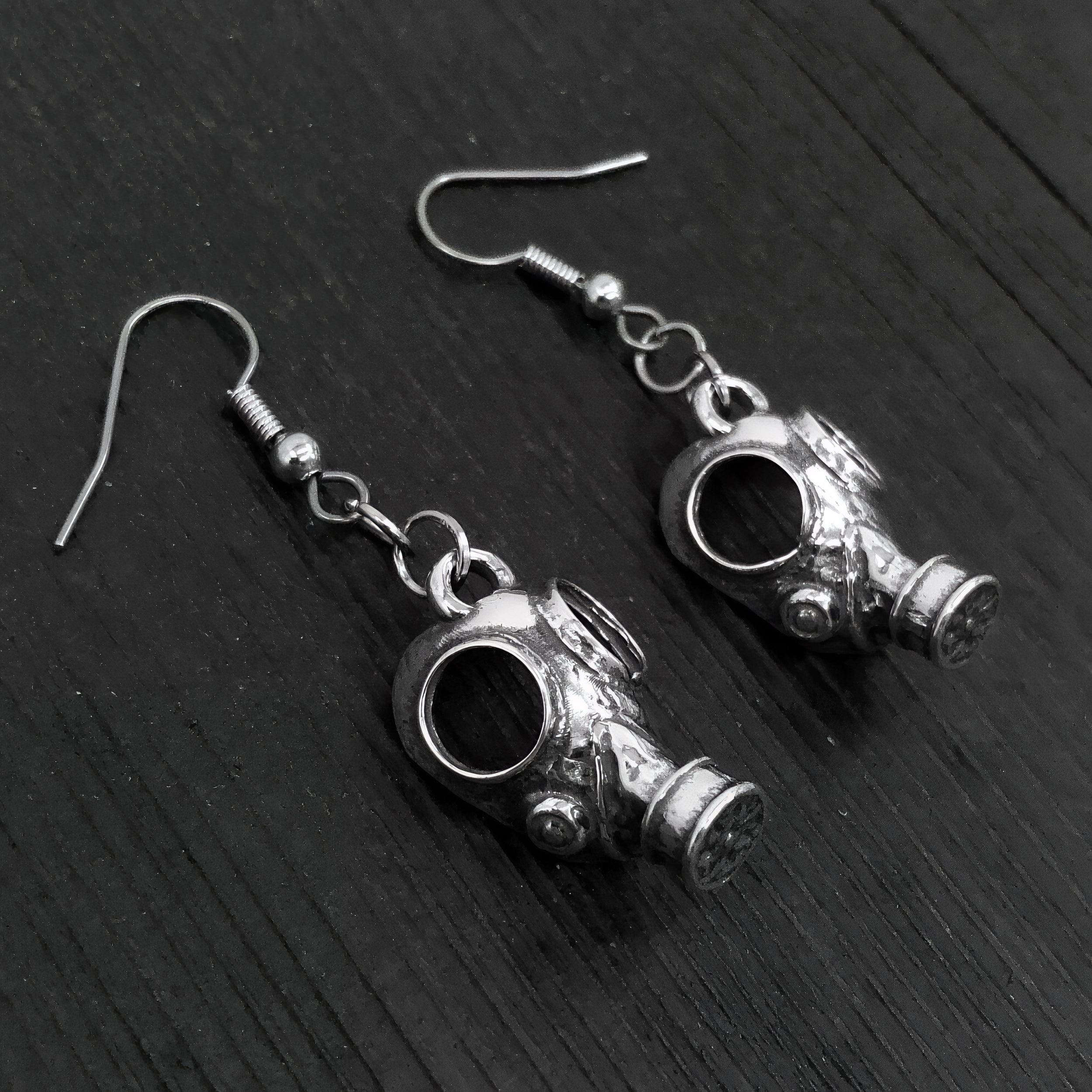 Gas Mask Earrings in Solid Sterling Silver Steampunk Gas Mask