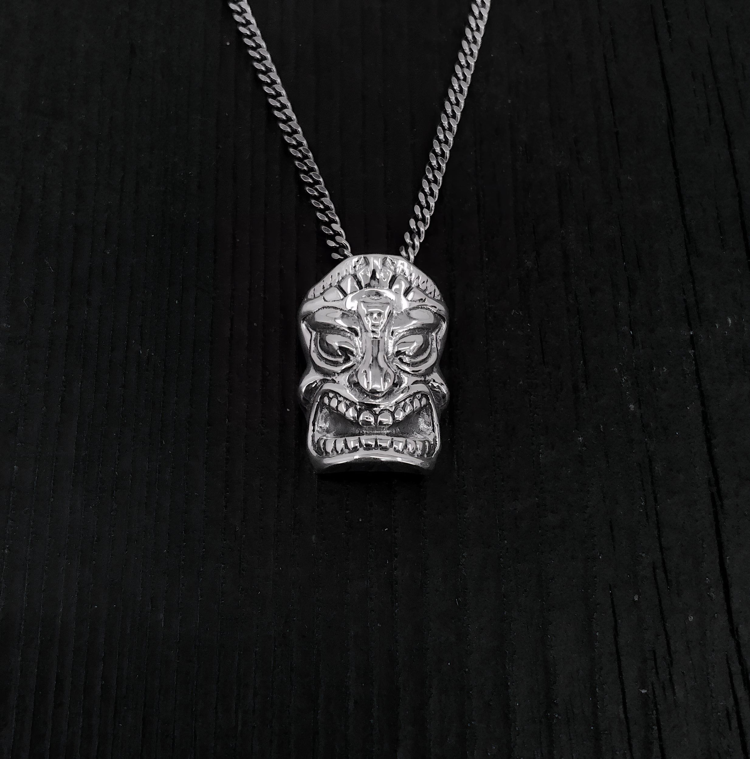 Sterling Silver Tiki Mask Pendant - Small 3/4" x 1/2" - Unique Layering Necklace with Hidden Bail