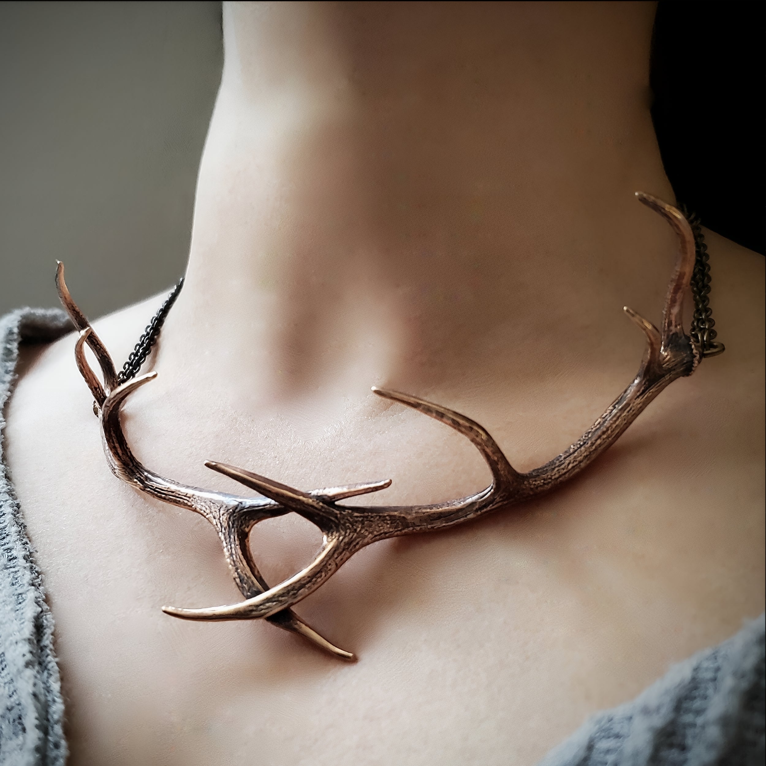 Sterling silver elk antler choker on neck | Moon Raven
