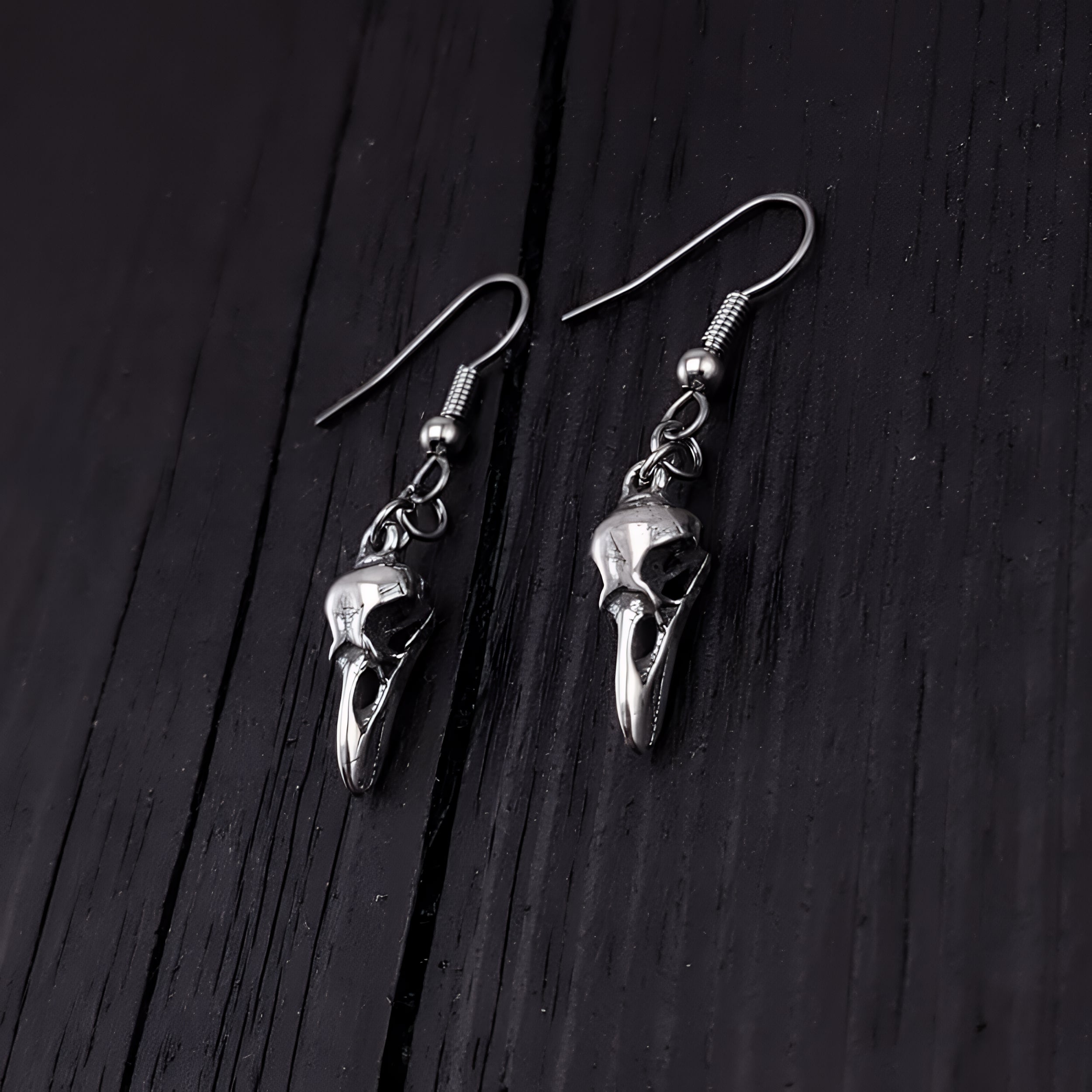 Sterling Silver Raven Skull Earrings Solid Hand Cast 925 Sterling Silver Surgical Stainless Steel Hooks - Moon Raven Designs