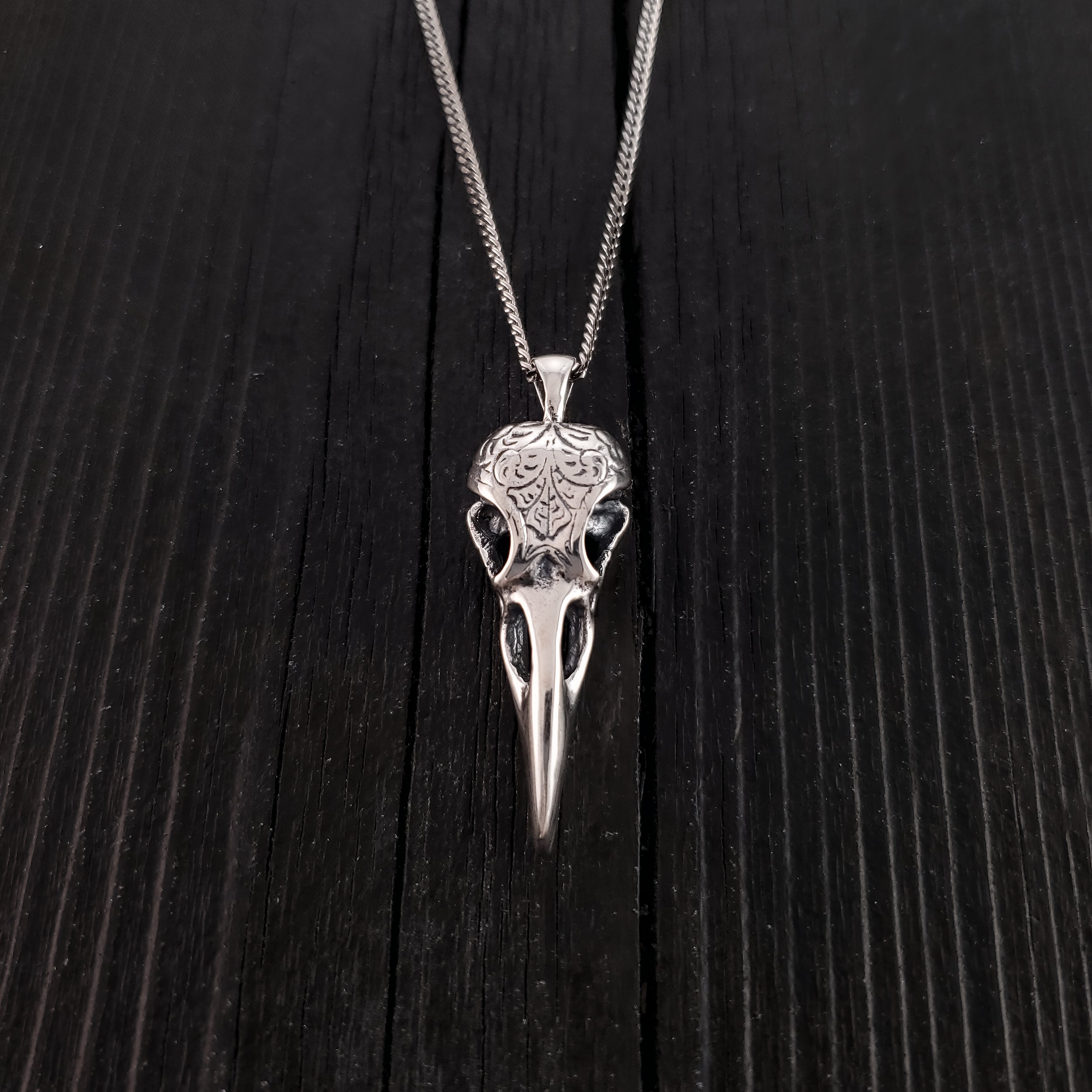 Engraved Raven Skull Pendant Necklace - Solid Hand Cast Stainless Steel - Polished Finish - Multiple Chain Options - Unisex Bird Skull Gift
