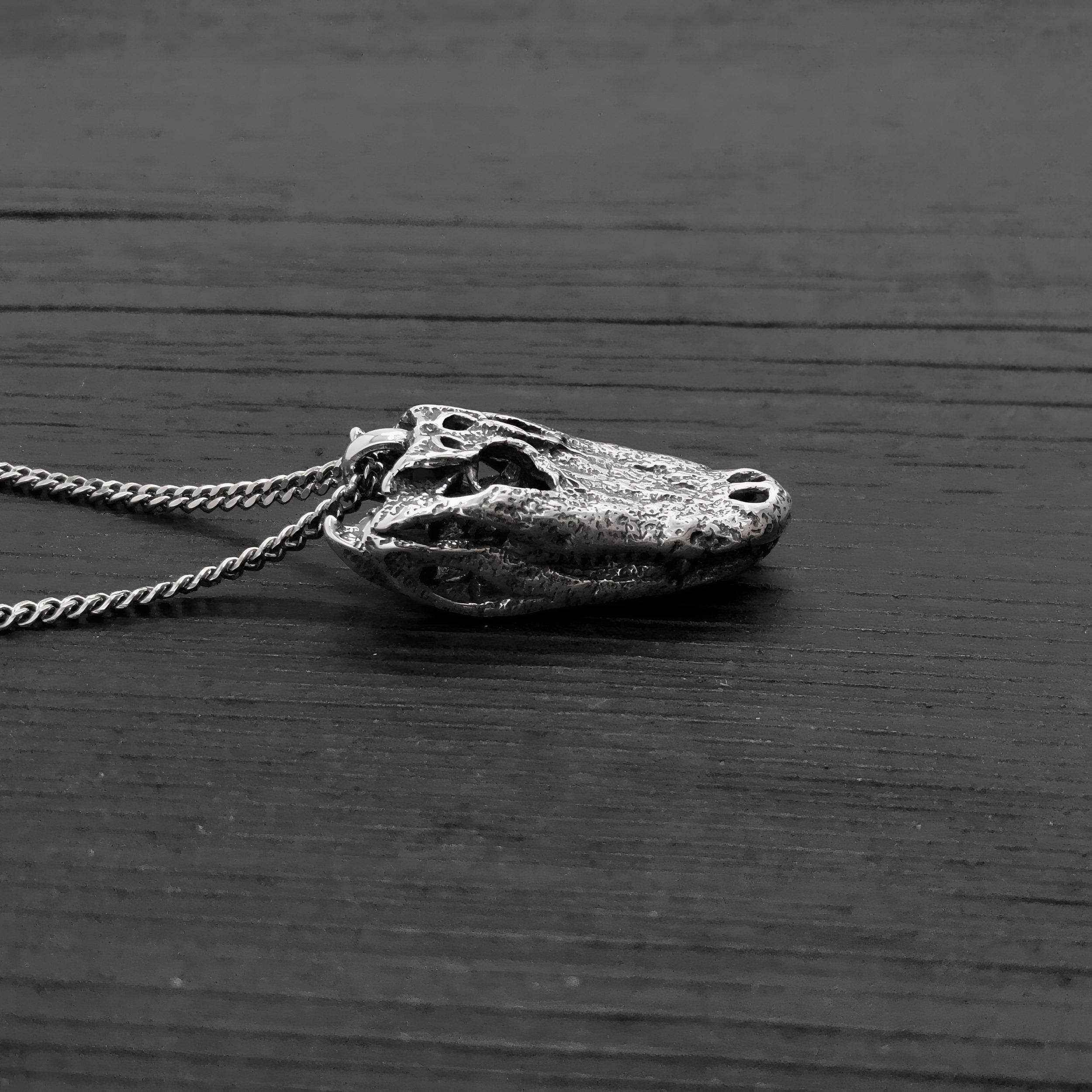 American Alligator Skull Pendant Necklace - Solid Hand Cast Sterling Silver - Polished Oxidised Finish - Multiple Chain Lengths Available