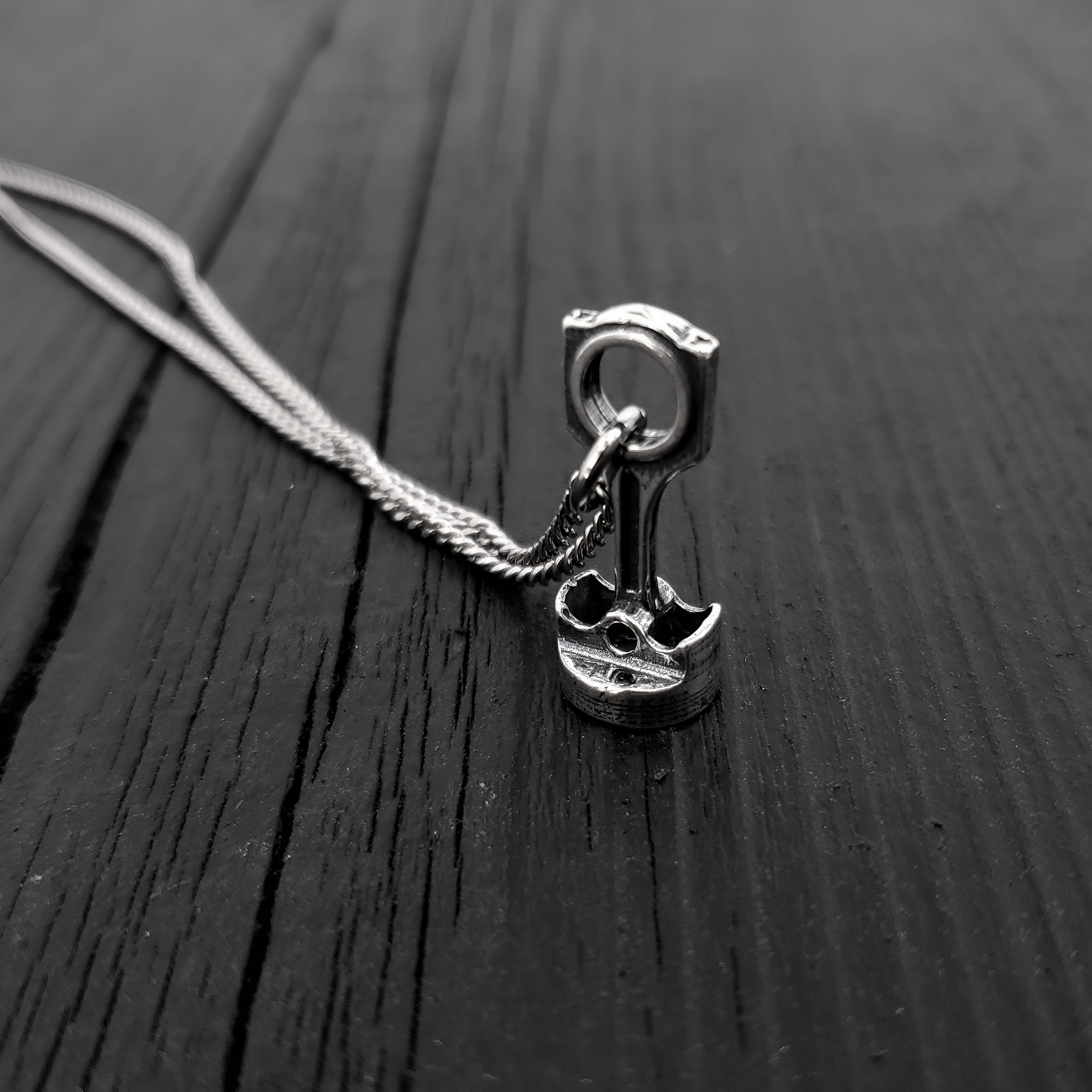 Piston and Rod Pendant Charm Necklace - Solid Cast 925 Sterling Silver - Polished Oxidized Finish - Multiple Chain Options - Mechanic Gift