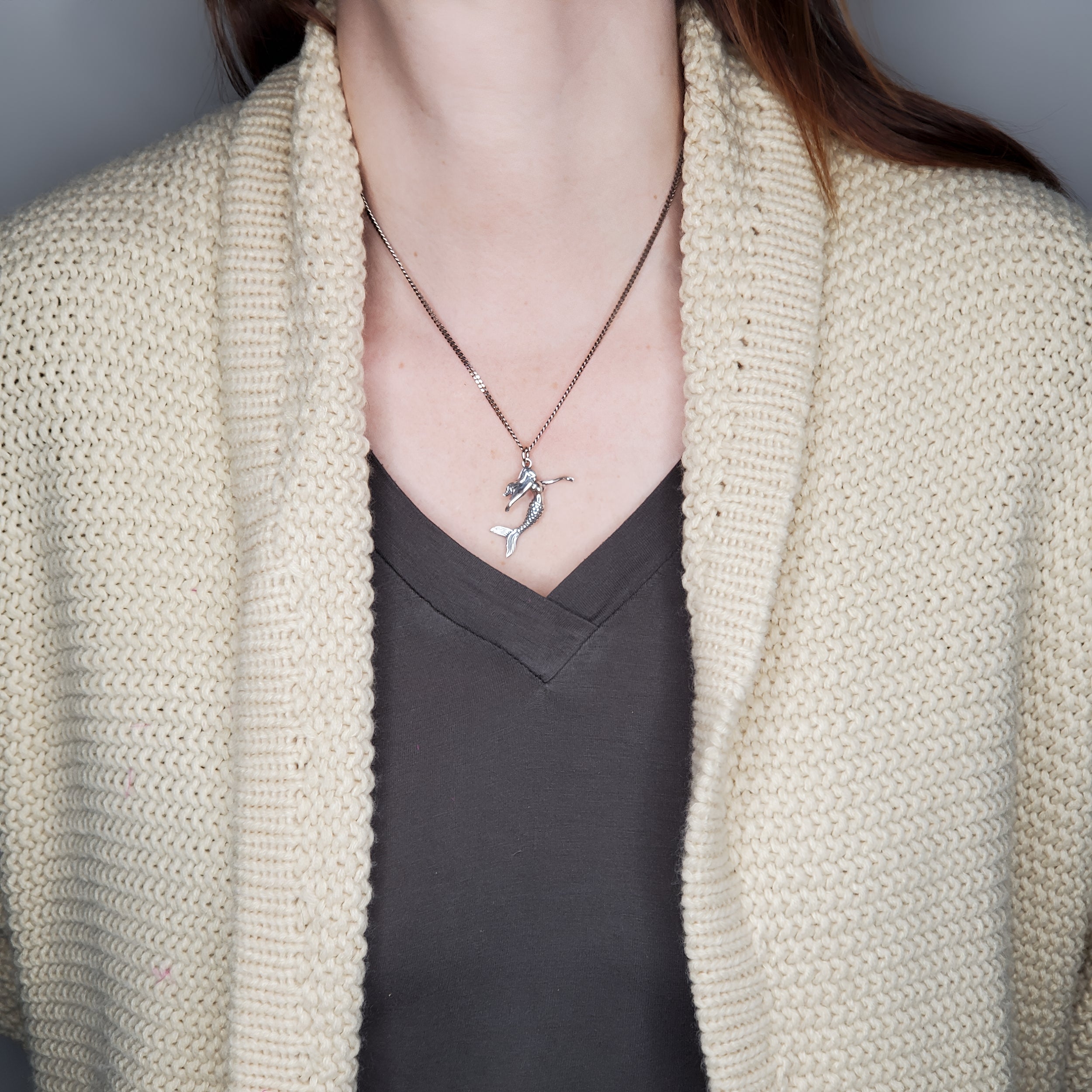 Mermaid Charm Pendant Necklace - Solid Hand Cast 925 Sterling Silver - Three Dimensional Detail - Multiple Chain Options - Jewelry Gift