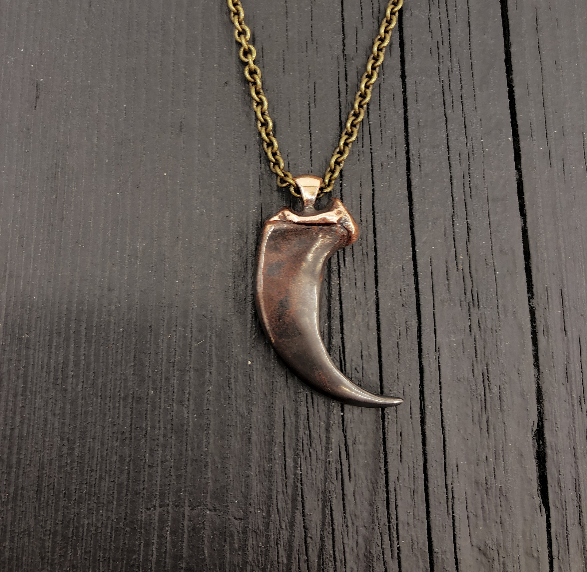 Large metal claw pendant on chain, polished detail | Moon Raven
