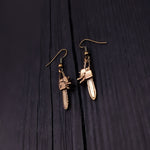 Chainsaw Dangle Earrings Solid Hand Cast Jewelers Bronze Polished Oxidised Finish Three Dimensional - Moon Raven Designs