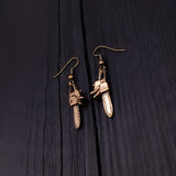 Chainsaw Dangle Earrings Solid Hand Cast Jewelers Bronze Polished Oxidised Finish Three Dimensional - Moon Raven Designs