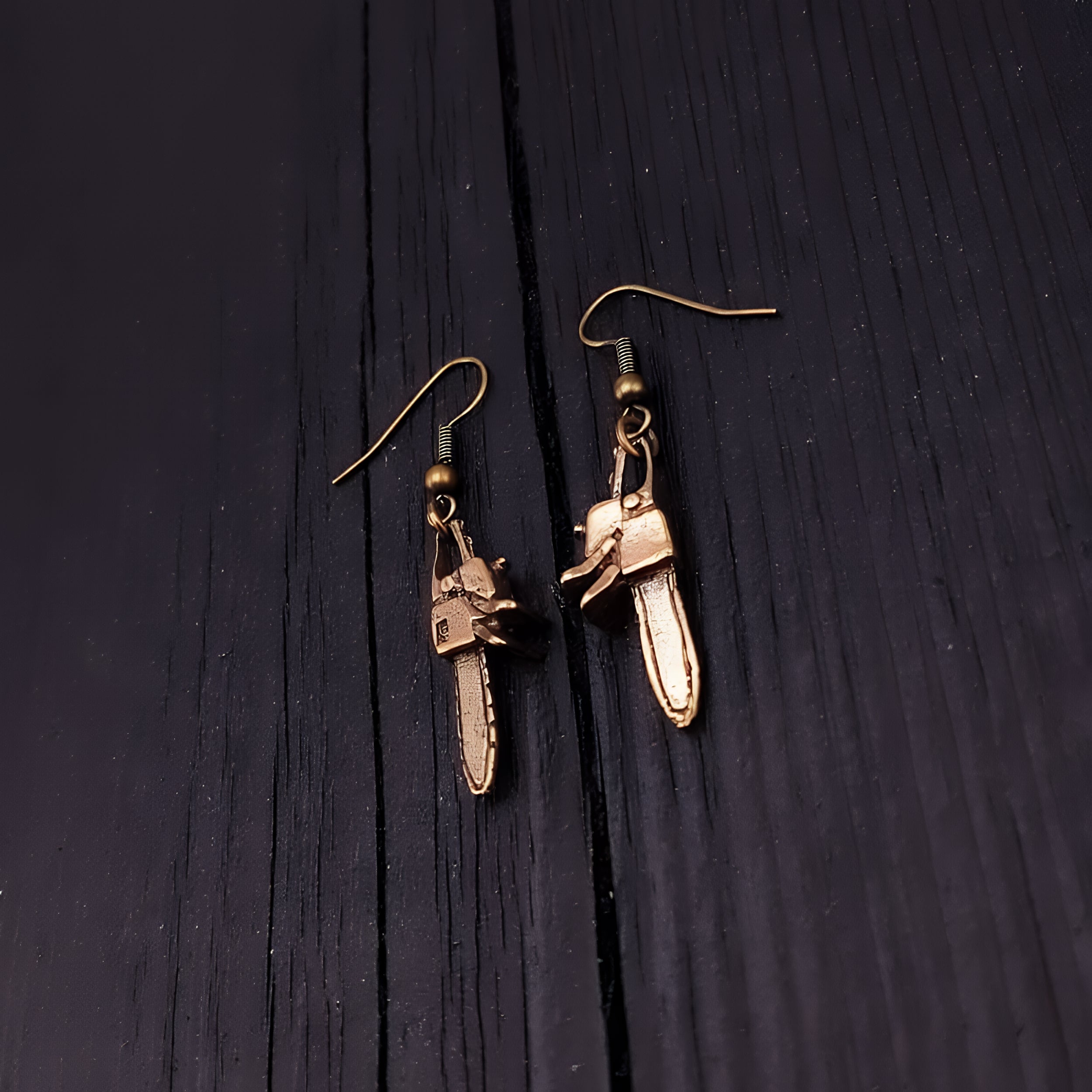 Chainsaw Dangle Earrings Solid Hand Cast Jewelers Bronze Polished Oxidised Finish Three Dimensional - Moon Raven Designs