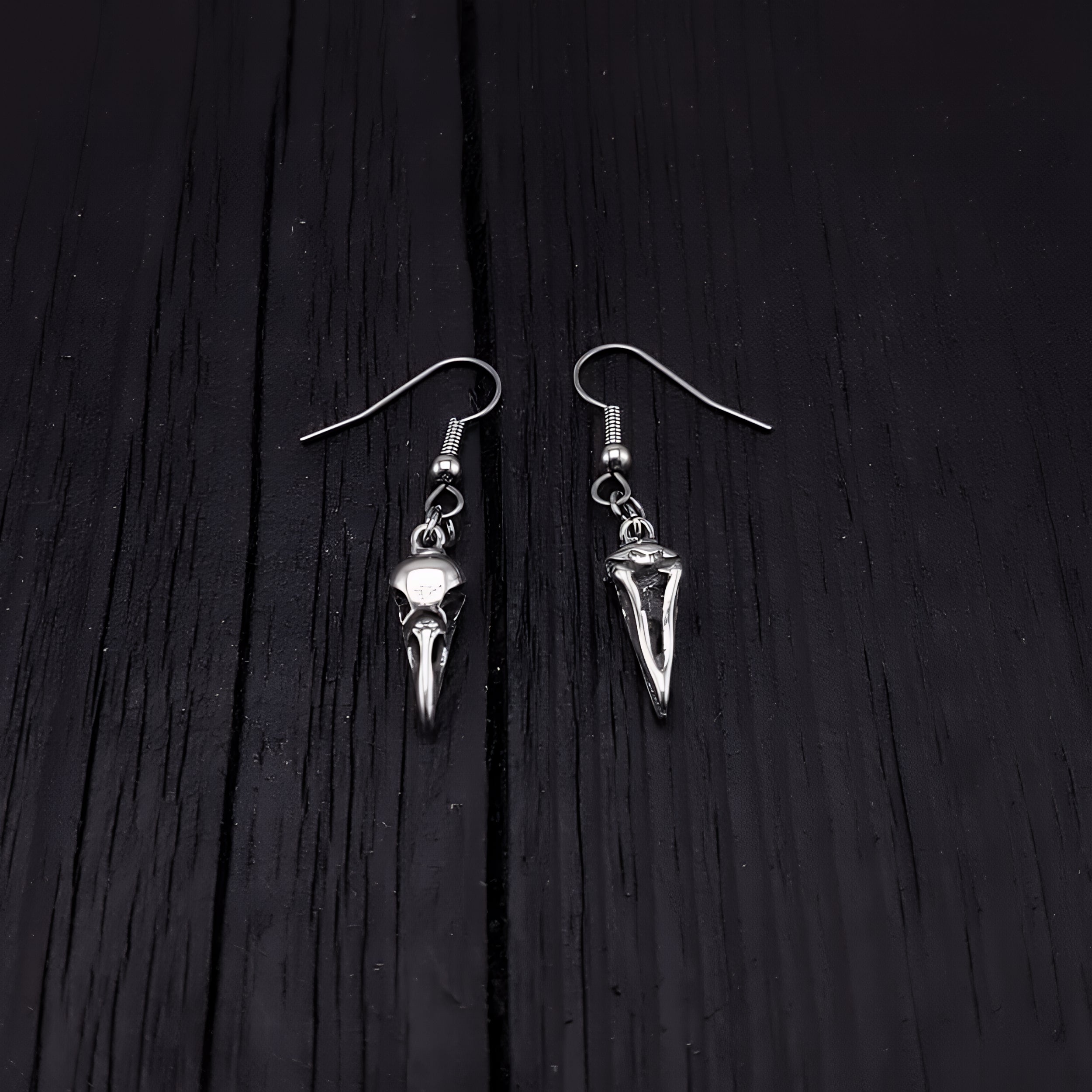 Sterling Silver Raven Skull Earrings Solid Hand Cast 925 Sterling Silver Surgical Stainless Steel Hooks - Moon Raven Designs