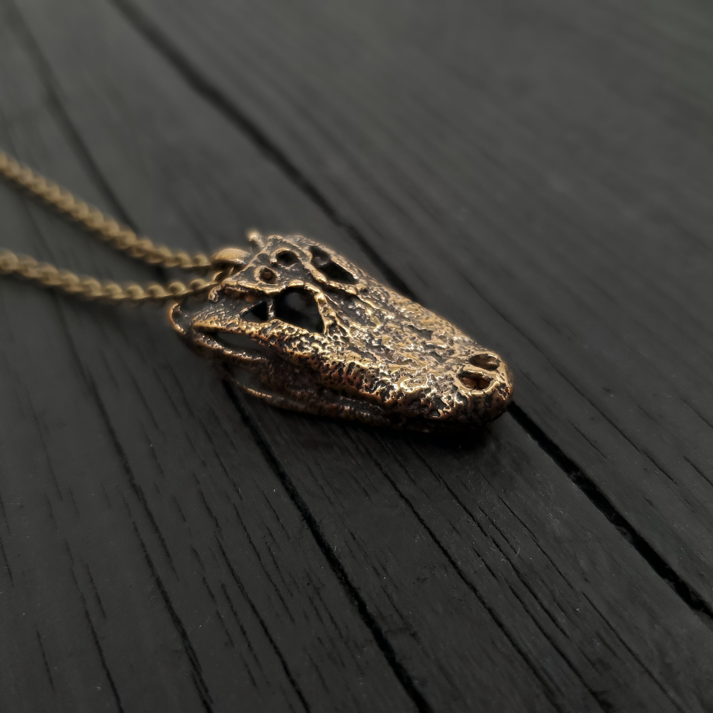 American Alligator Skull Pendant Necklace - Solid Hand Cast Jewelers Bronze - Polished Oxidised Finish - Multiple Chain Lengths Available