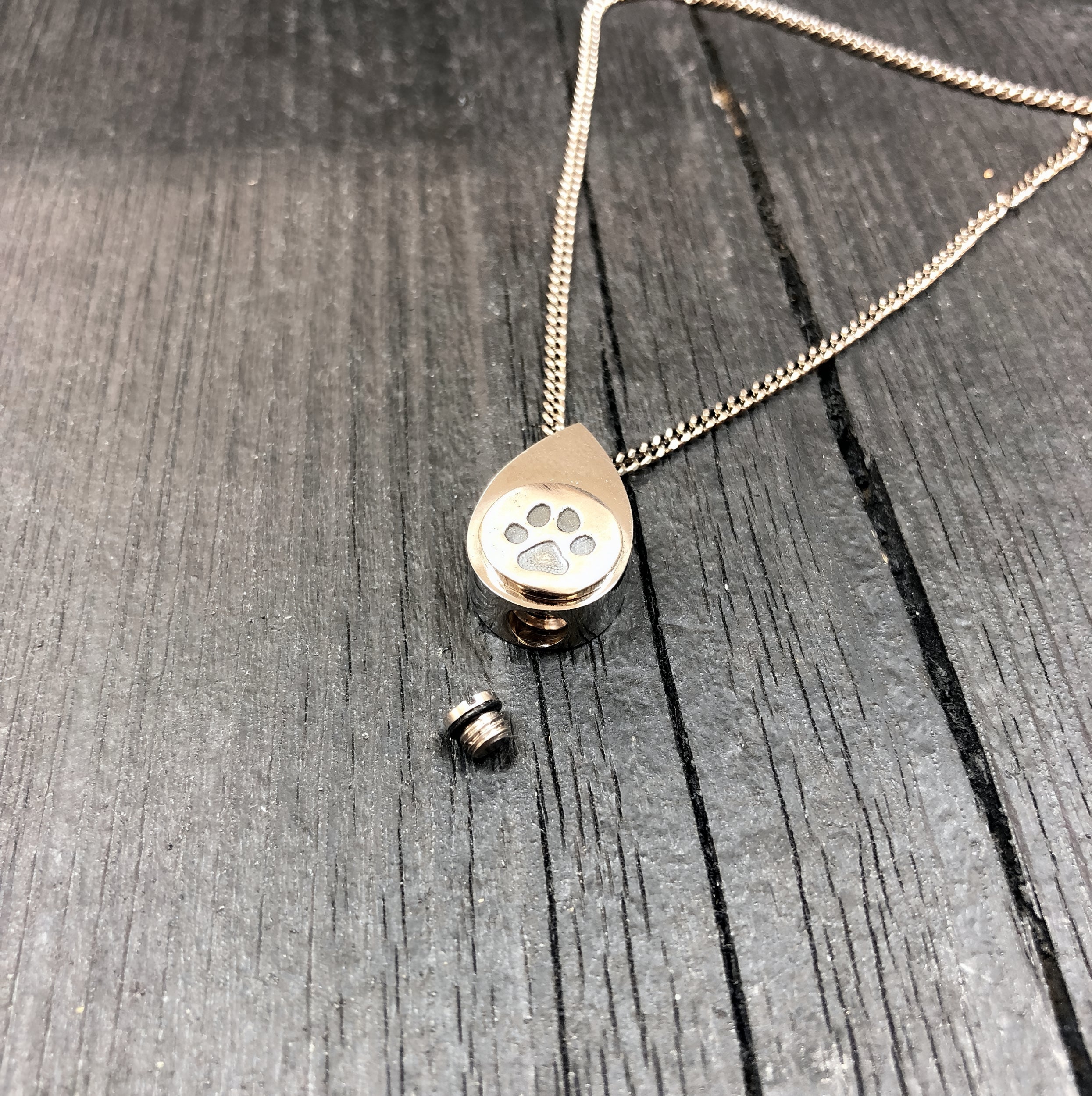 Cat Paw Print Tear Drop Cremation Ash Urn Necklace - Sterling Silver on Stainless Steel - Custom Engraved Personalised Mourning Pet Urn