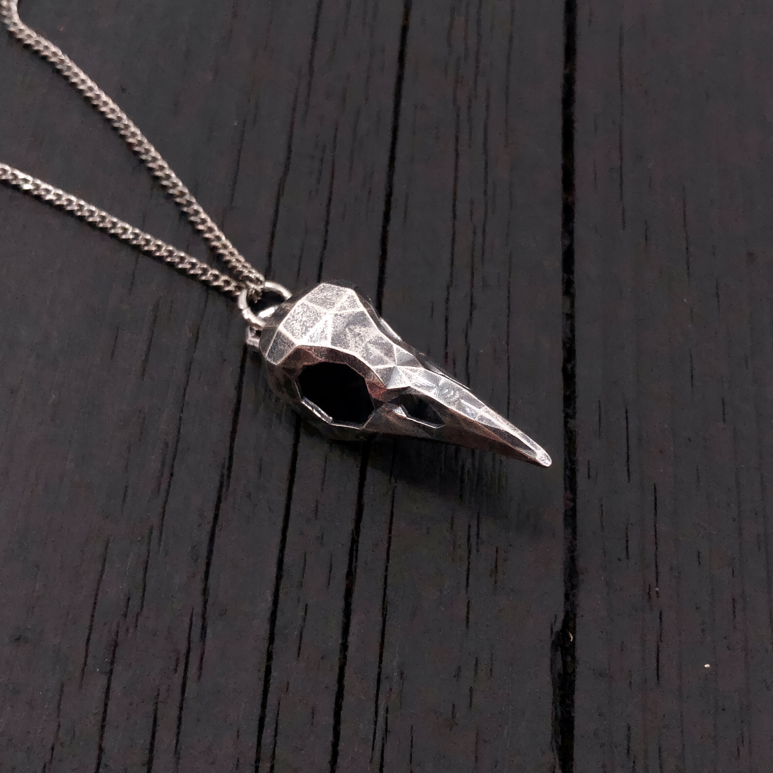 Faceted Raven Skull Necklace - Solid Hand Cast Silver Plated Bronze - Three Dimensional Detail Bird Skull - Multiple Chain Lengths