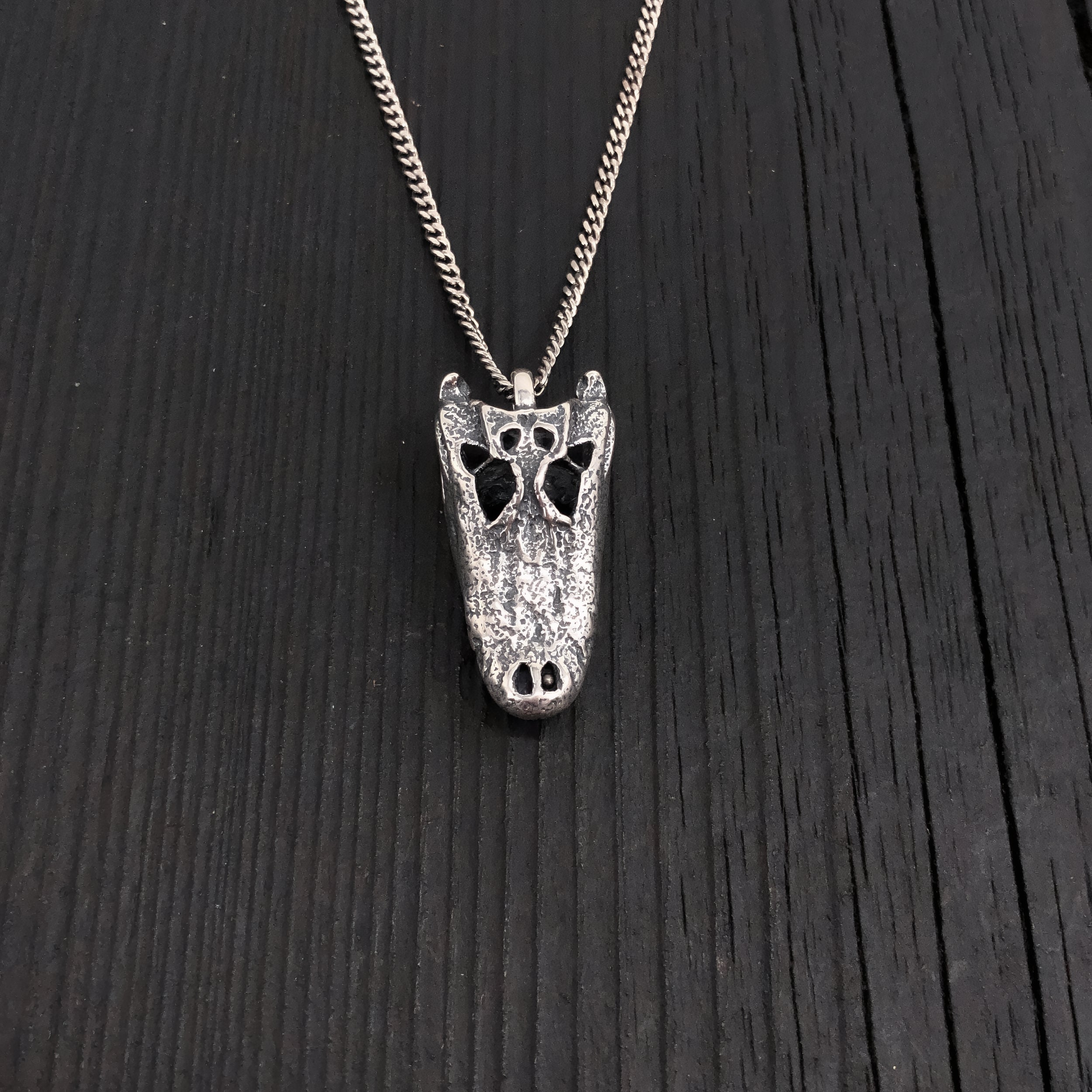 American Alligator Skull Pendant Necklace - Solid Hand Cast Sterling Silver - Polished Oxidised Finish - Multiple Chain Lengths Available