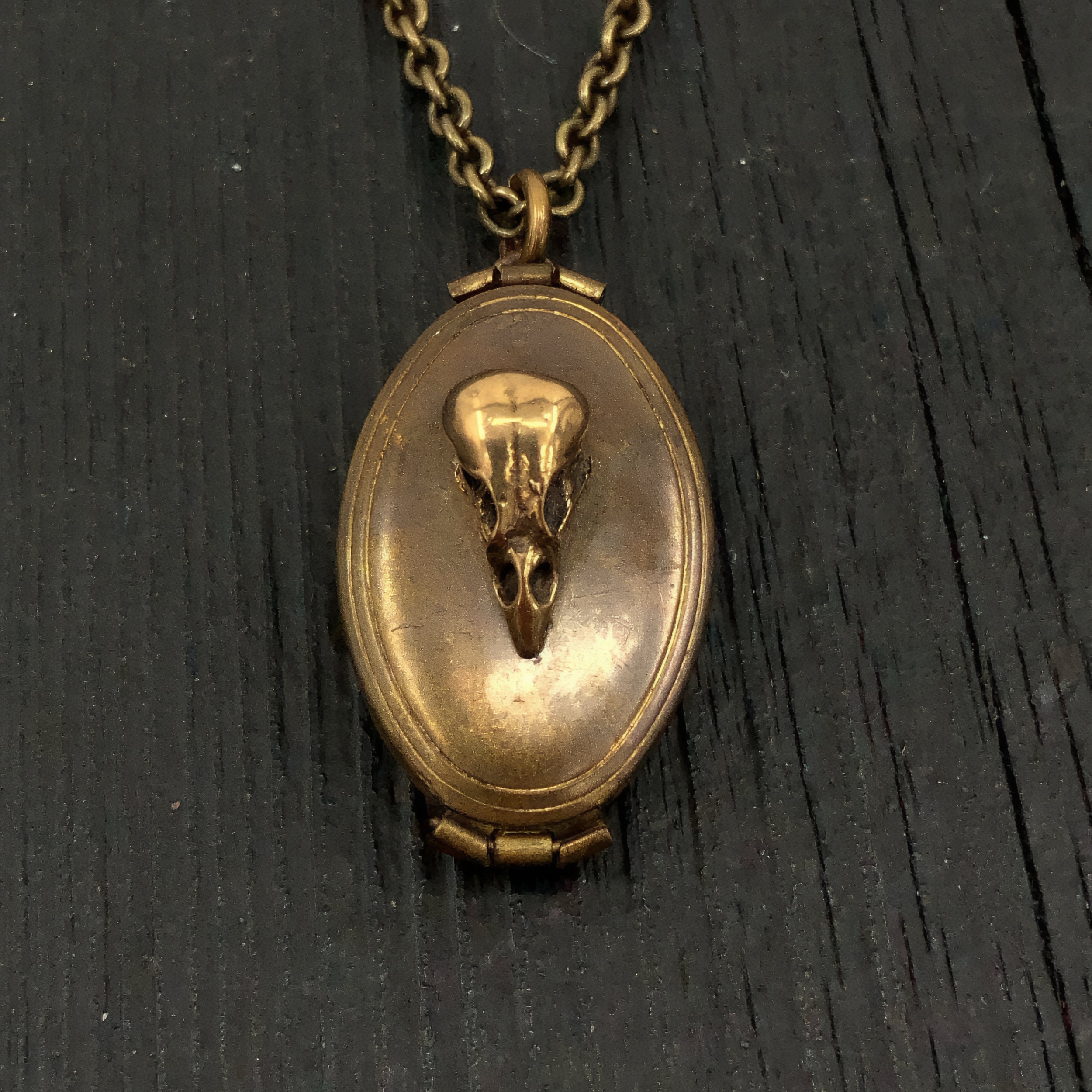 Antique Brass Victorian Bird Skull Folding Locket Pendant Necklace - Memory Keepsake Photo Locket - Rare Unique Gift