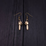 Chainsaw Dangle Earrings Solid Hand Cast Jewelers Bronze Polished Oxidised Finish Three Dimensional - Moon Raven Designs