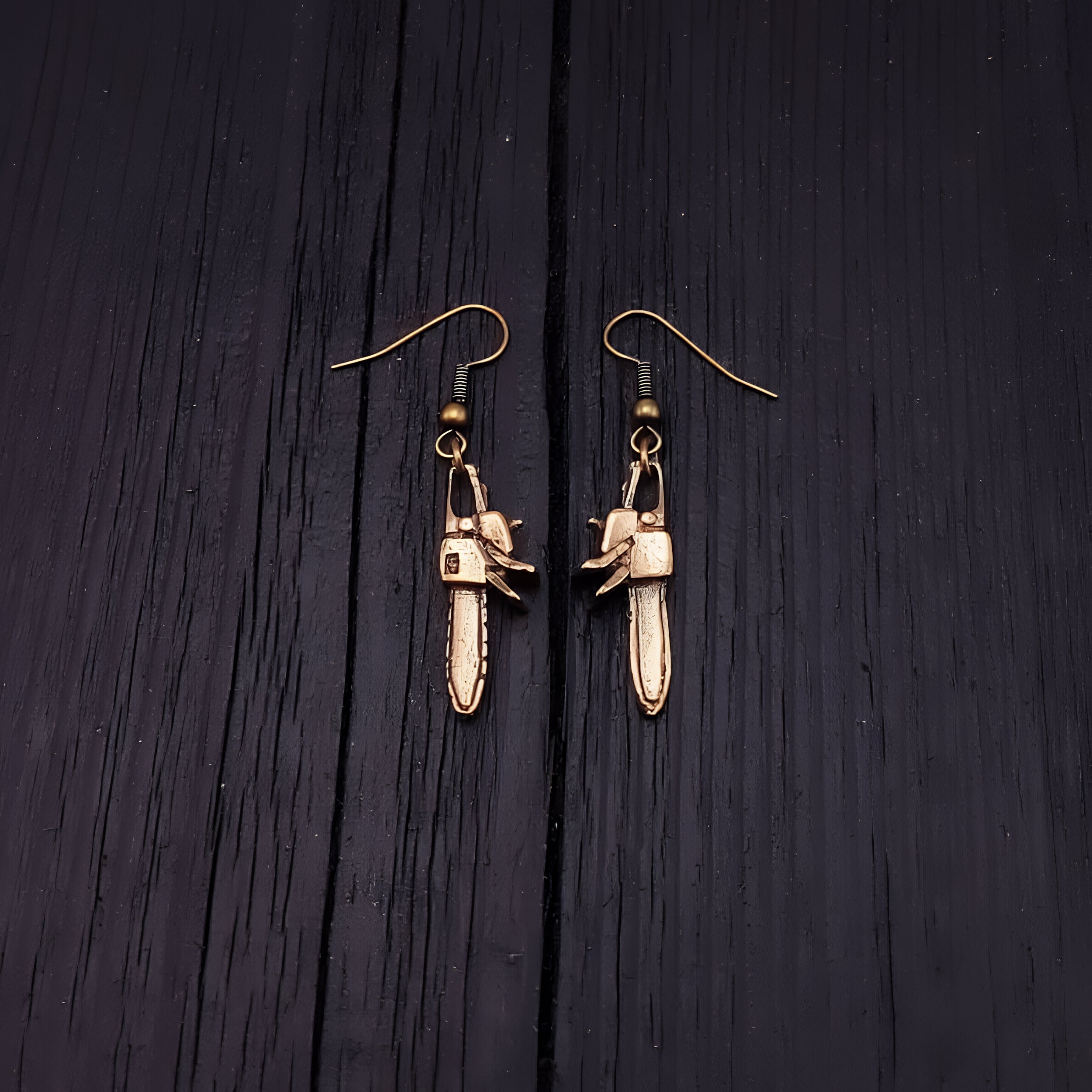 Chainsaw Dangle Earrings Solid Hand Cast Jewelers Bronze Polished Oxidised Finish Three Dimensional - Moon Raven Designs