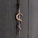 Rod Of Asclepius Pendant Necklace -Solid Hand Cast Bronze - Staff of Aesculapius - Medical First Responder Unisex Jewelry Gift