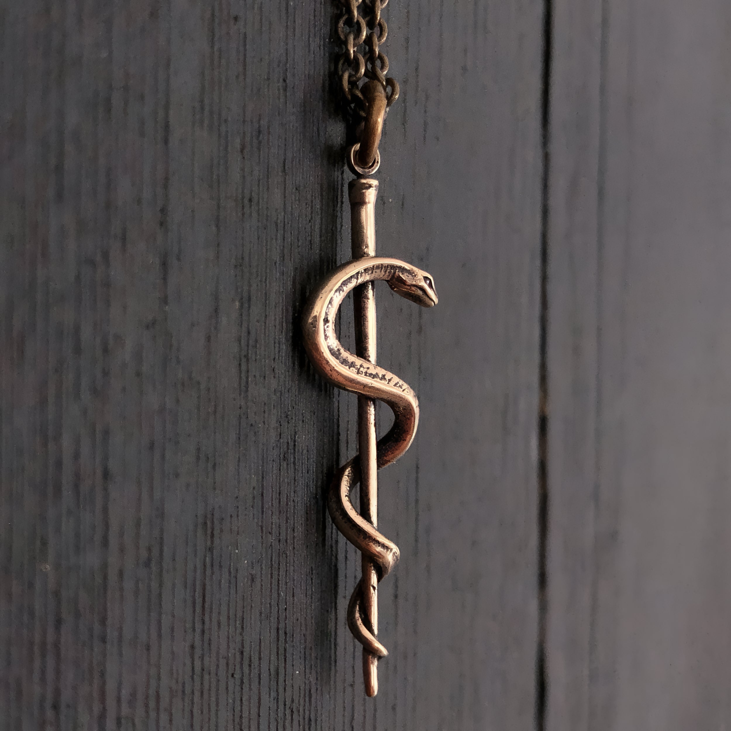 Rod Of Asclepius Pendant Necklace -Solid Hand Cast Bronze - Staff of Aesculapius - Medical First Responder Unisex Jewelry Gift