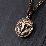 Solid Bronze Barn Owl Face Pendant - 1/2" Diameter, Engravable Back, Unique Gift for Owl Lovers