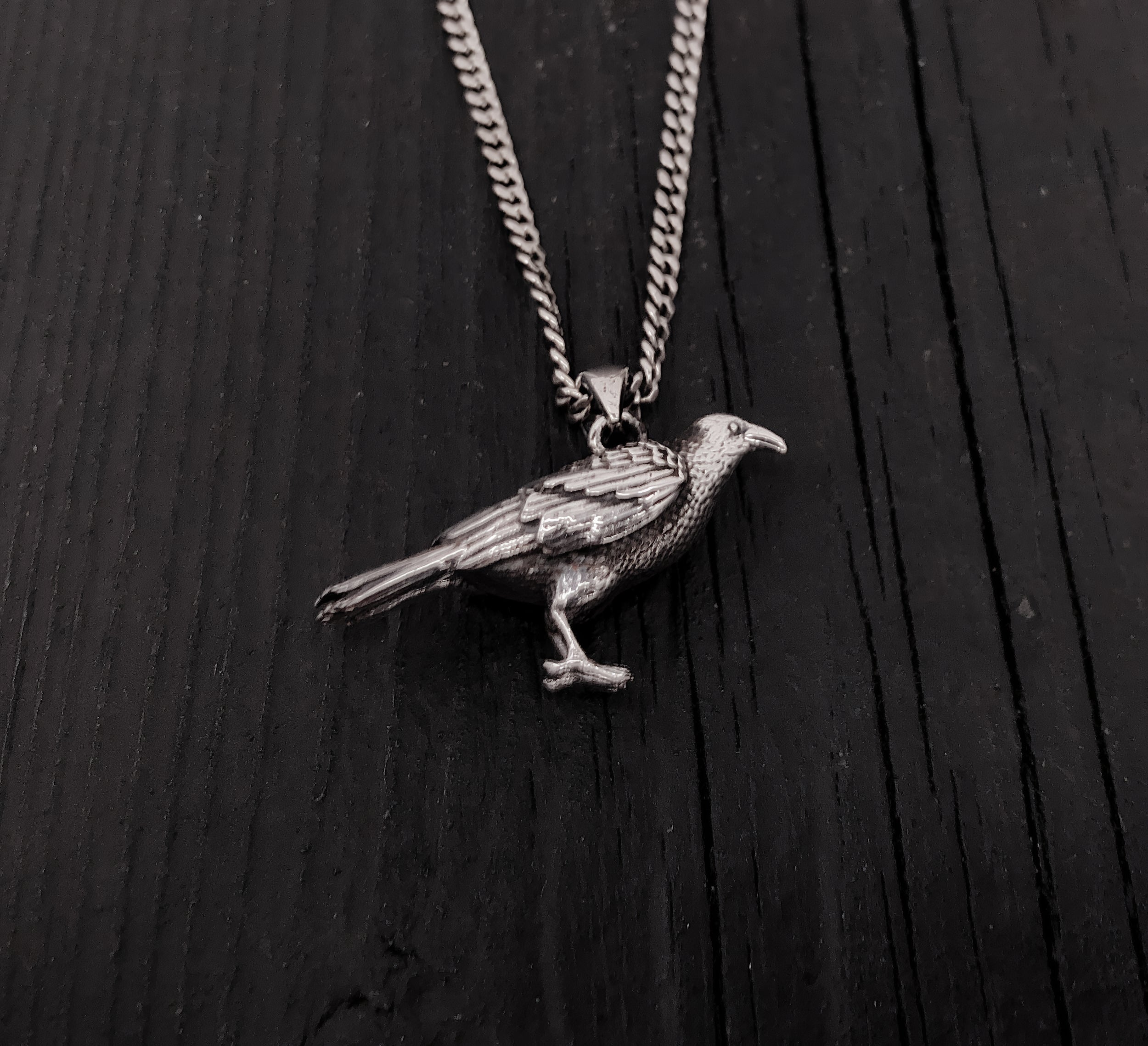 Silver Standing Raven Necklace Charm Pendant in Solid Hand Cast 925 Sterling Silver - Standing Crow Bird Unisex Nature Jewelry Gift