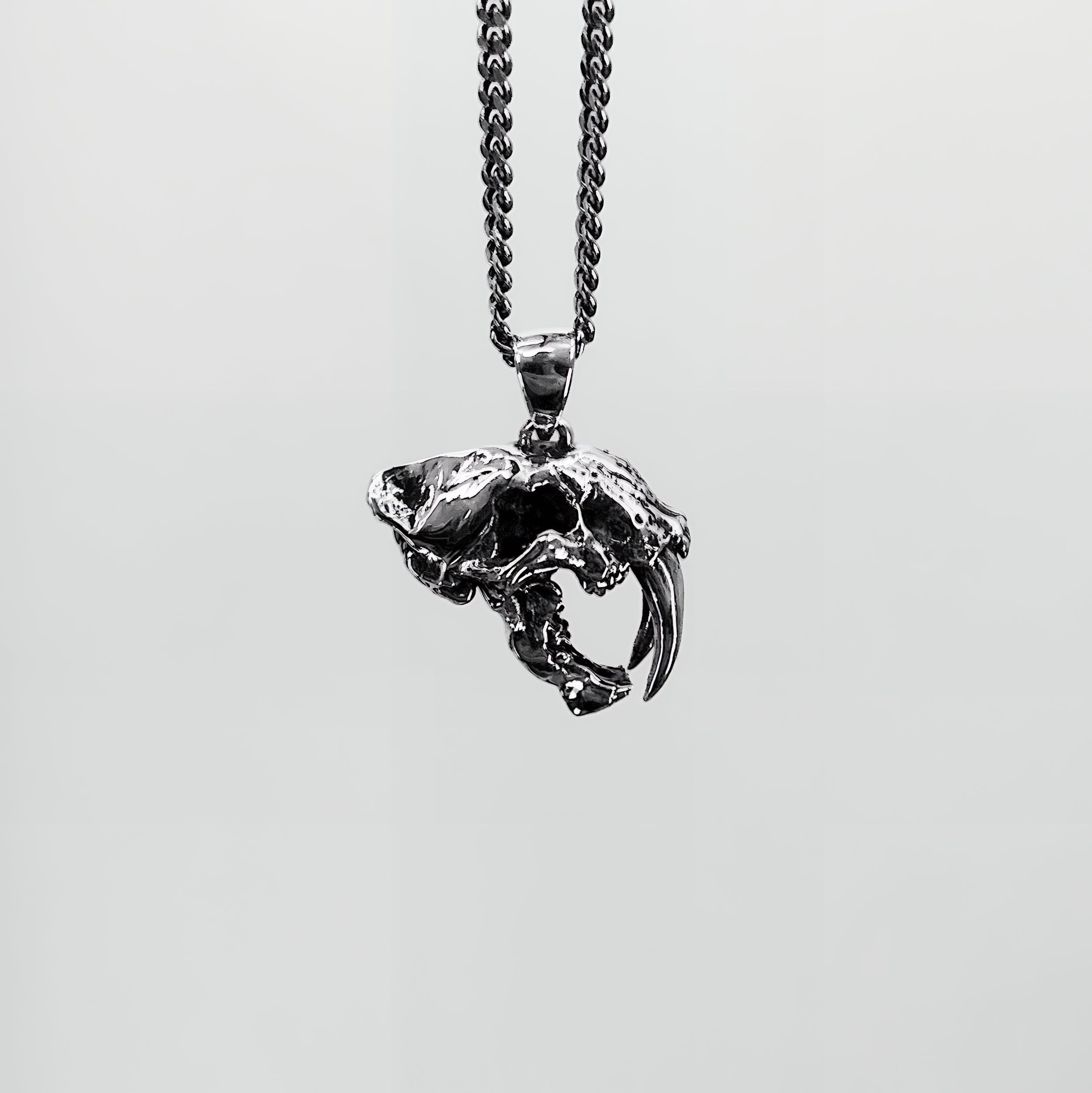Sabre Tooth Animal Skull Charm Pendant Necklace - Solid 925 Sterling Silver - Unisex Ice Age Smilodon Inspired Jewelry Gift
