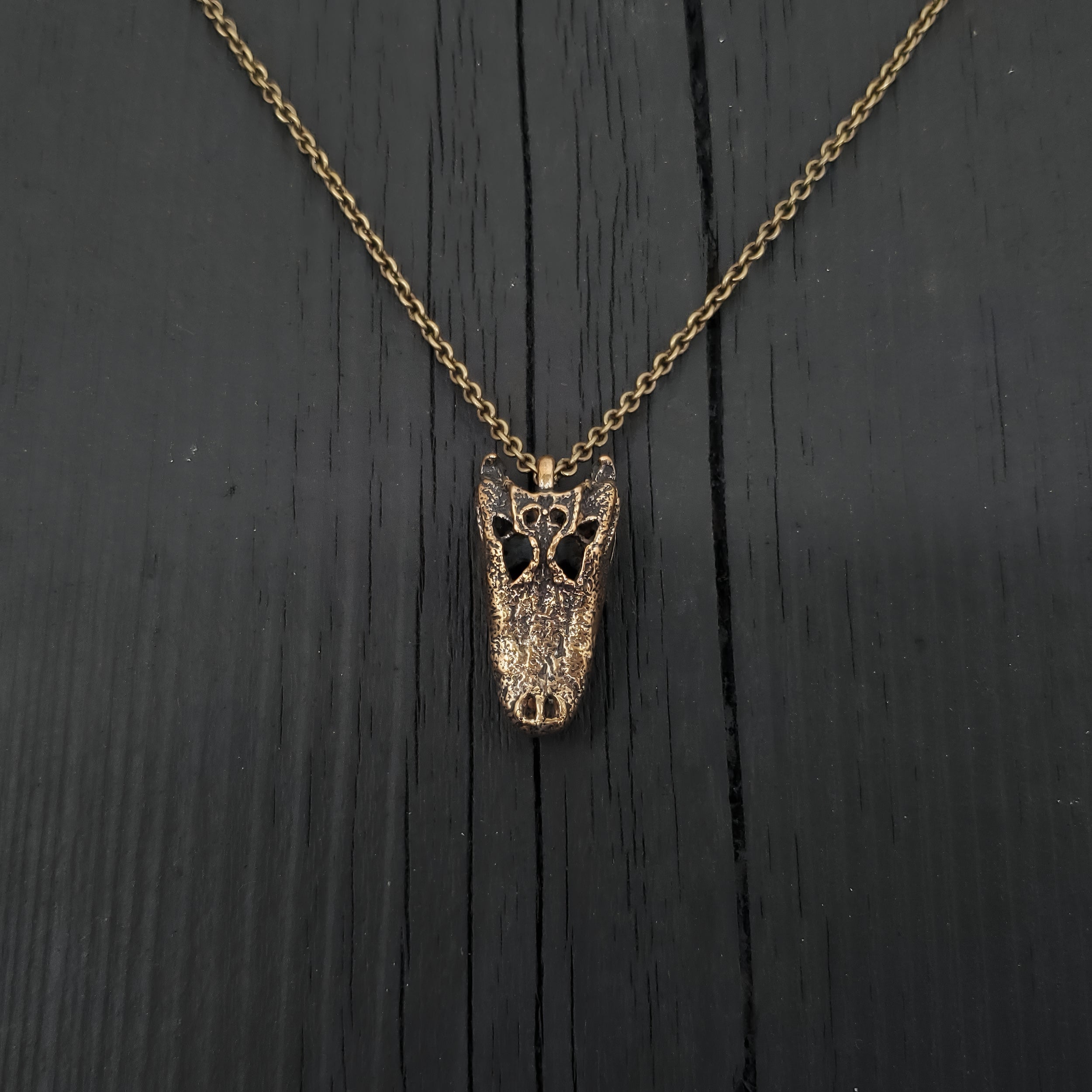American Alligator Skull Pendant Necklace - Solid Hand Cast Jewelers Bronze - Polished Oxidised Finish - Multiple Chain Lengths Available