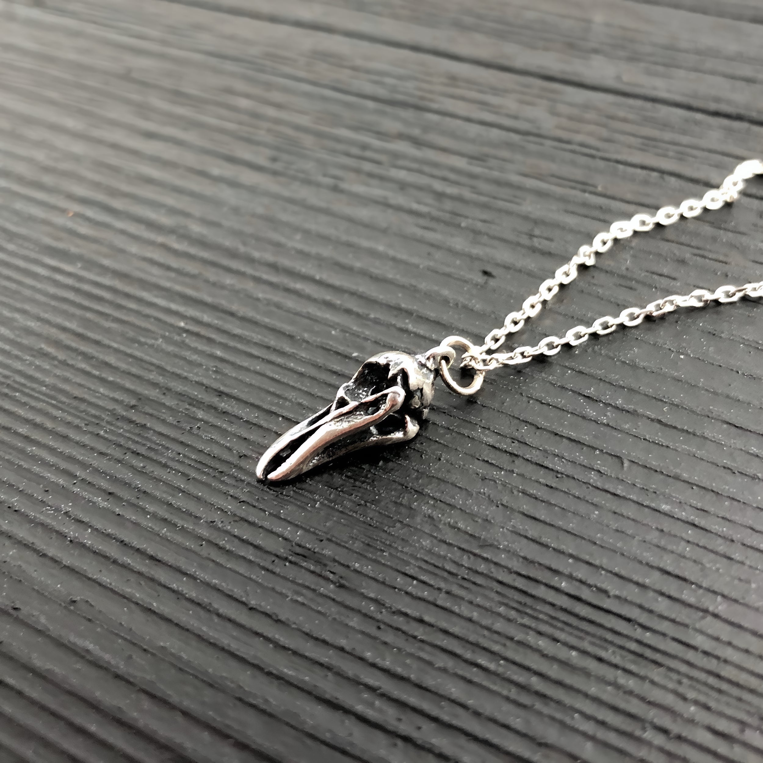 Tiny Sterling Silver Raven Skull Charm Necklace- Solid Hand Cast 925 Sterling Silver - Unique Nature Gift For Her
