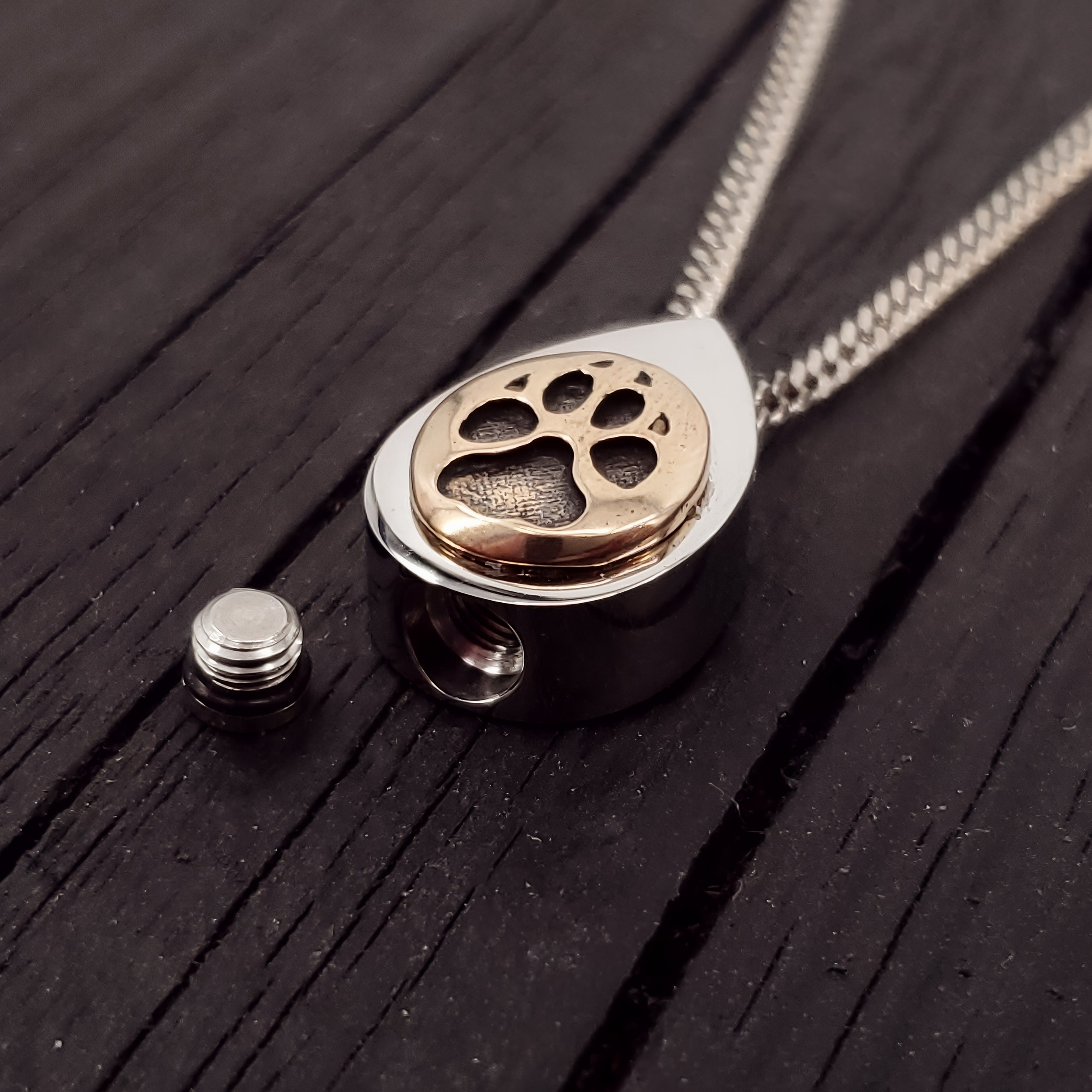 Dog Paw Print Tear Drop Cremation Ash Urn Necklace - Sold Bronze on Stainless Steel - Custom Engraved Personalised Mourning Pet Urn