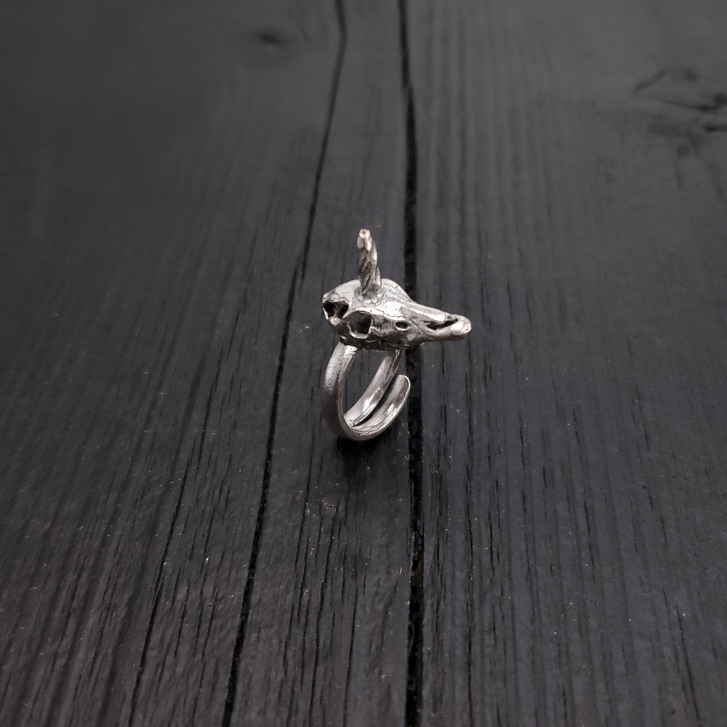 Unicorn Skull Ring - Solid Hand Cast Silver Plated Bronze - Polished Oxidised Finish - Sizes 5 to 11 Available - Rare Unique Gift for Her