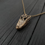 American Alligator Skull Pendant Necklace - Solid Hand Cast Jewelers Bronze - Polished Oxidised Finish - Multiple Chain Lengths Available