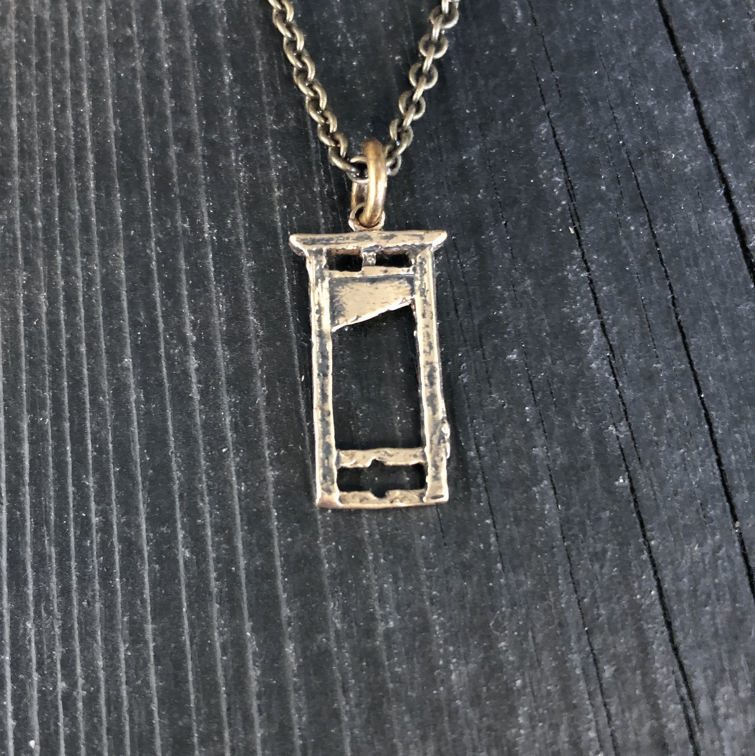 Small Guillotine Charm Pendant Necklace - Solid Hand Cast Bronze - Polished Oxidized Finish - Three Dimensional Detail