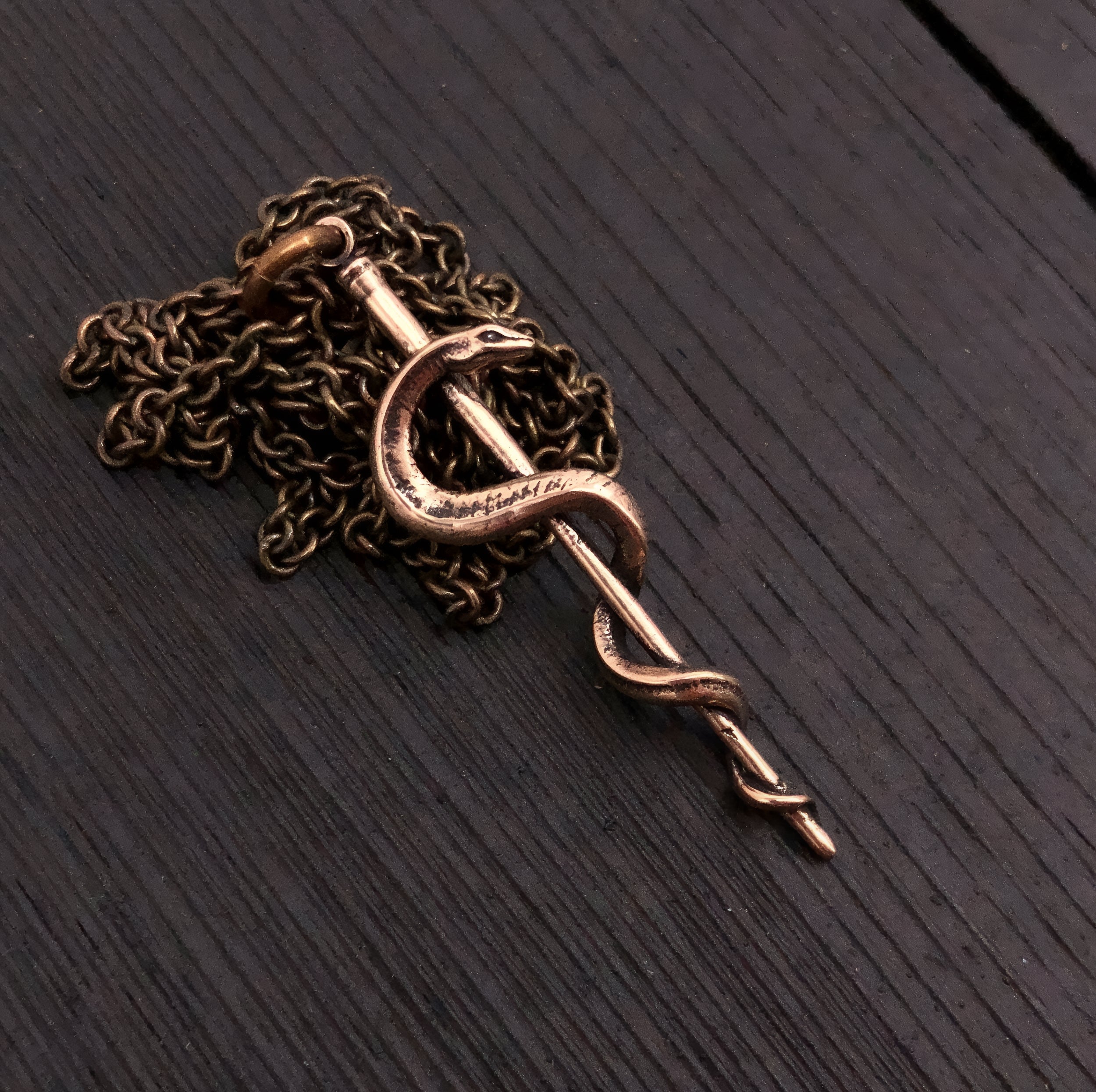 Rod Of Asclepius Pendant Necklace -Solid Hand Cast Bronze - Staff of Aesculapius - Medical First Responder Unisex Jewelry Gift