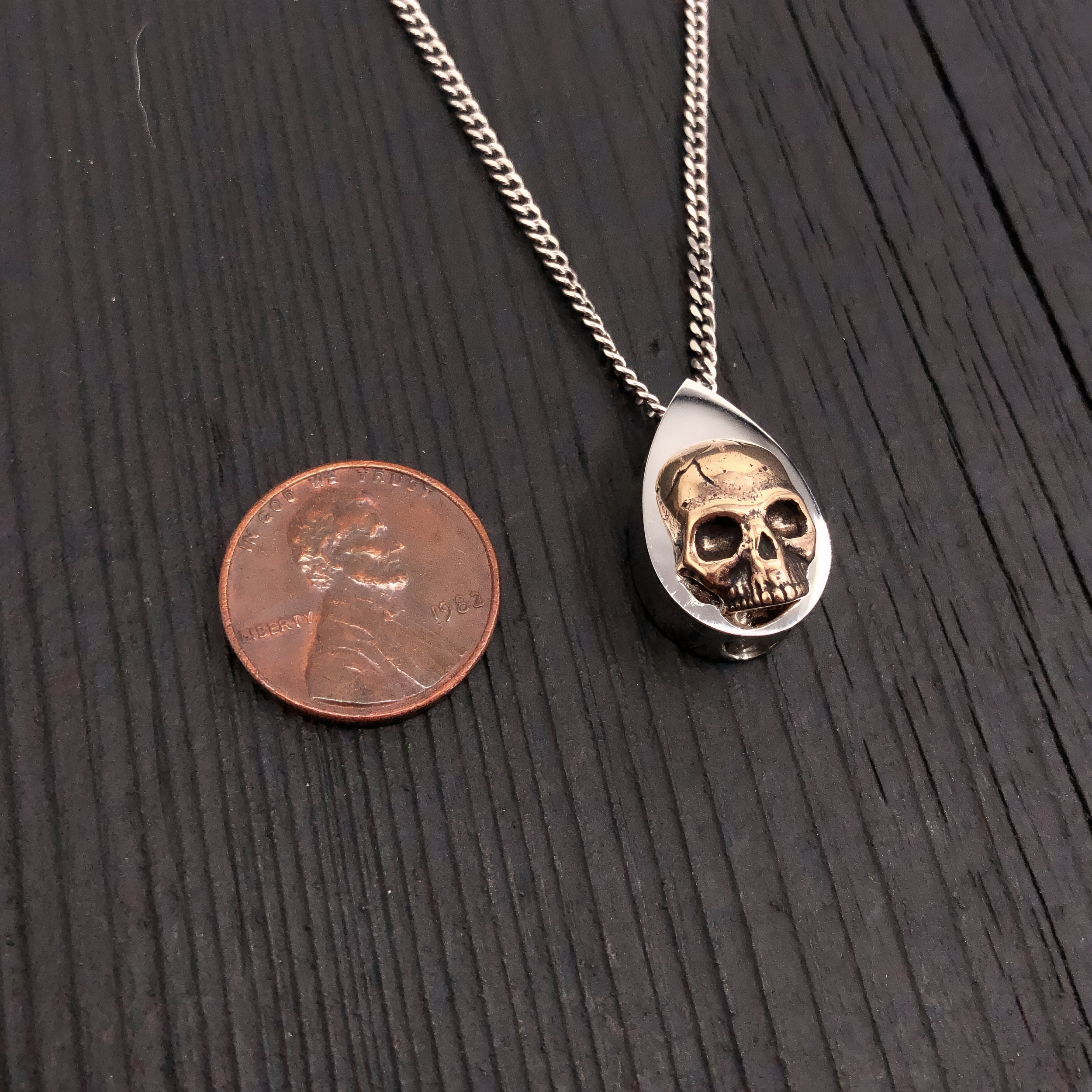 Human Skull Tear Drop Cremation Ash Urn Necklace - Bronze on Stainless Steel - Custom Engraved Personalized Mourning Urn
