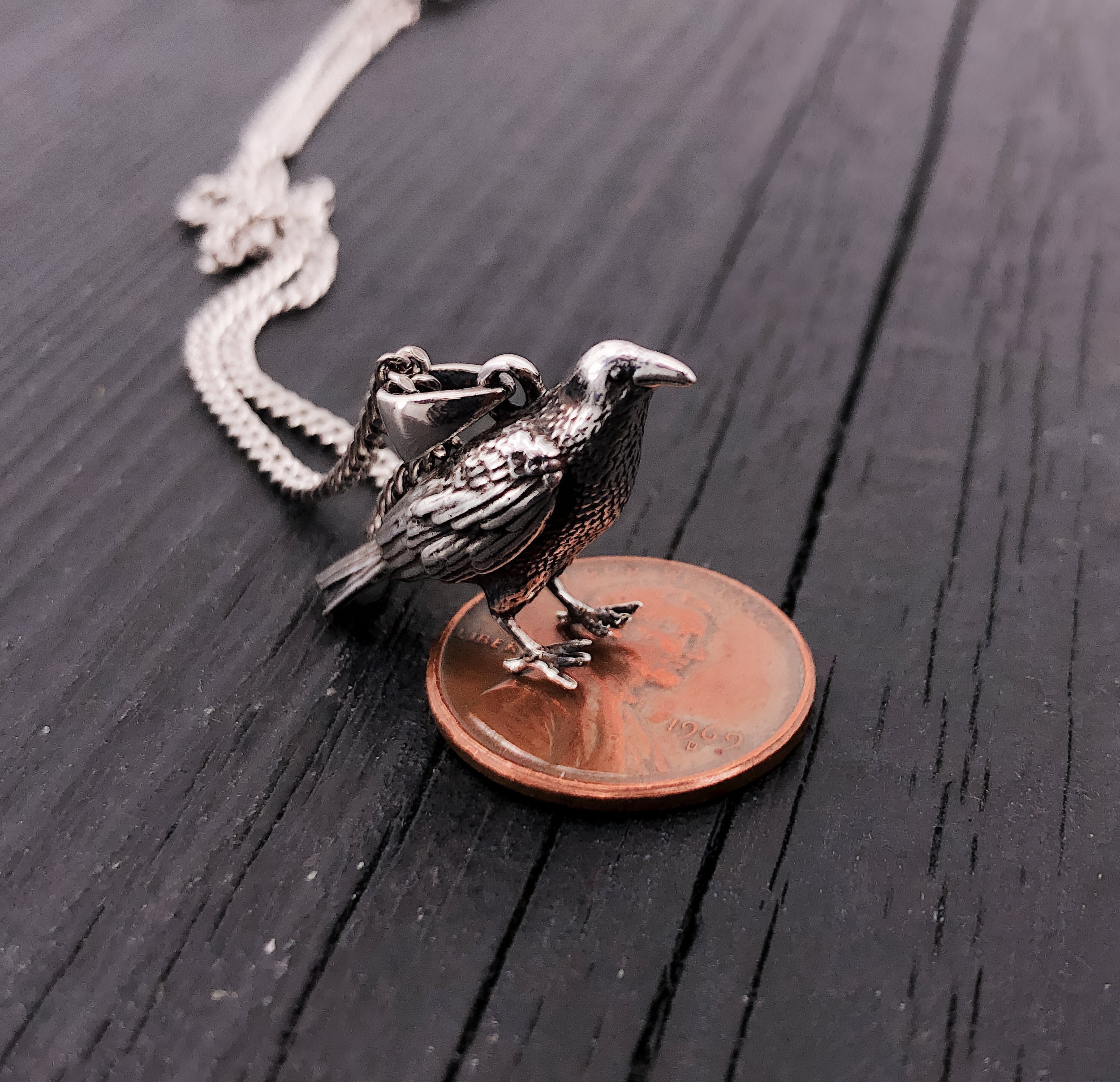 Silver Standing Raven Necklace Charm Pendant in Solid Hand Cast 925 Sterling Silver - Standing Crow Bird Unisex Nature Jewelry Gift