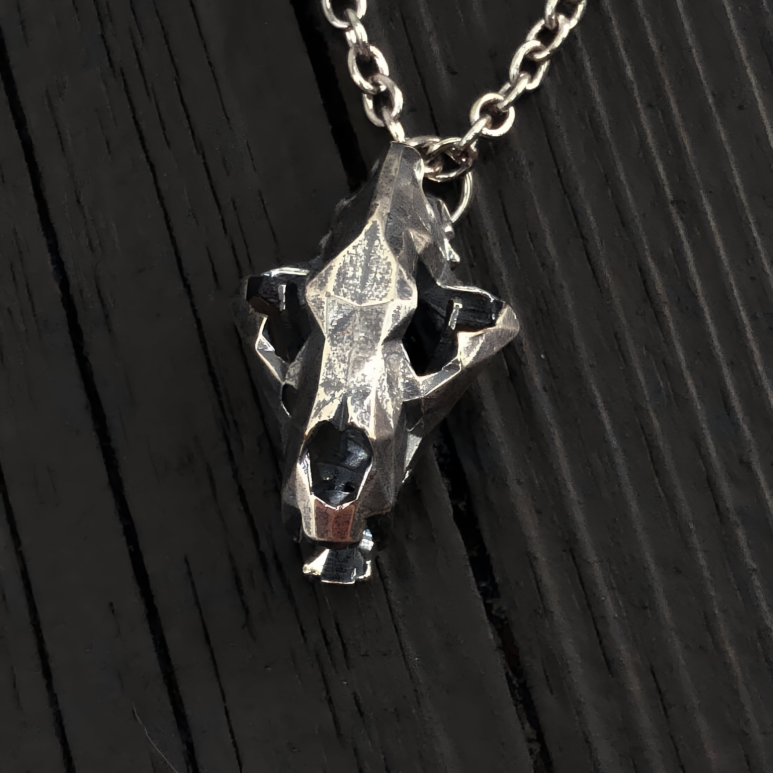 Faceted Bear Skull Necklace - Solid Hand Cast Silver Plated Bronze - Three Dimensional Detail Grizzly Skull - Multiple Chain Lengths
