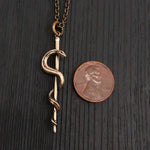Rod Of Asclepius Pendant Necklace -Solid Hand Cast Bronze - Staff of Aesculapius - Medical First Responder Unisex Jewelry Gift