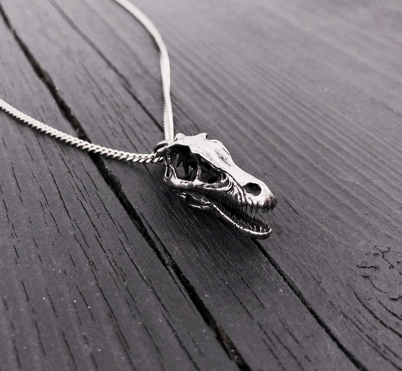 Velociraptor Skull Pendant Necklace in Solid Stainless Steel
